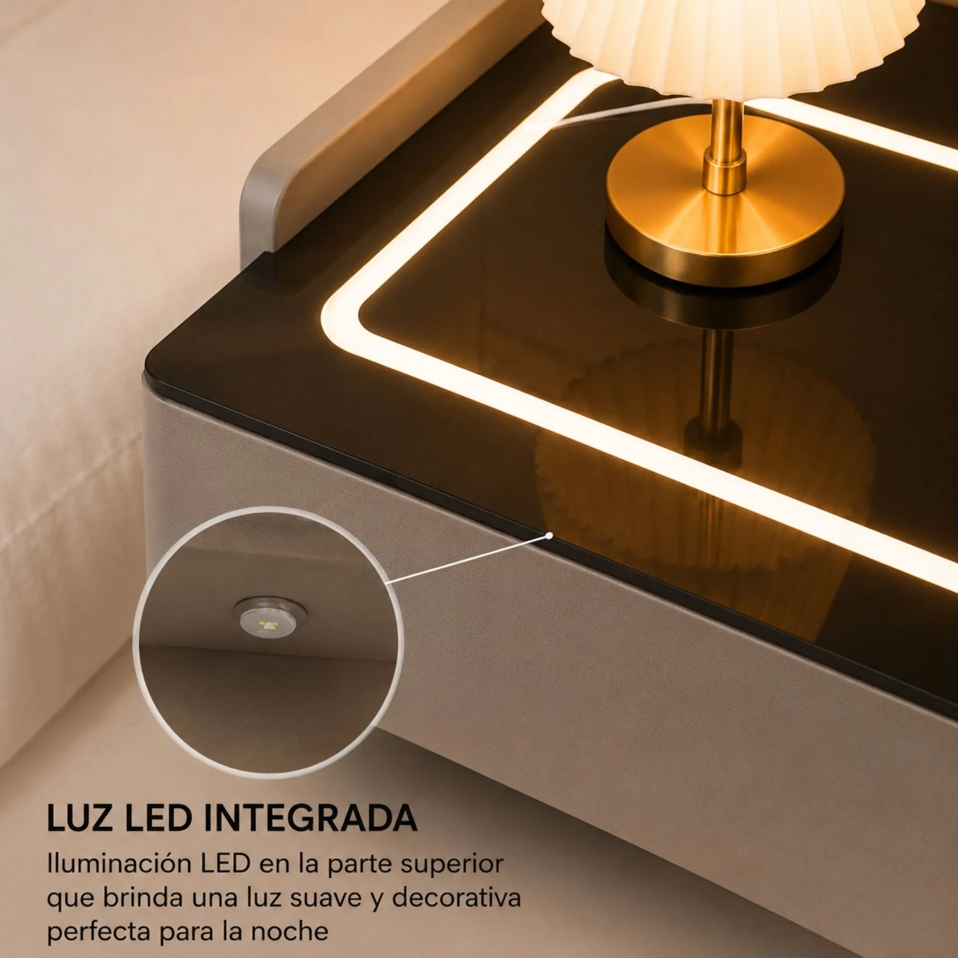 Mesa De Noche Inteligente 3 Cajones Luz LED Carga Inalámbrica Cerradura Digital Y USB AE0527