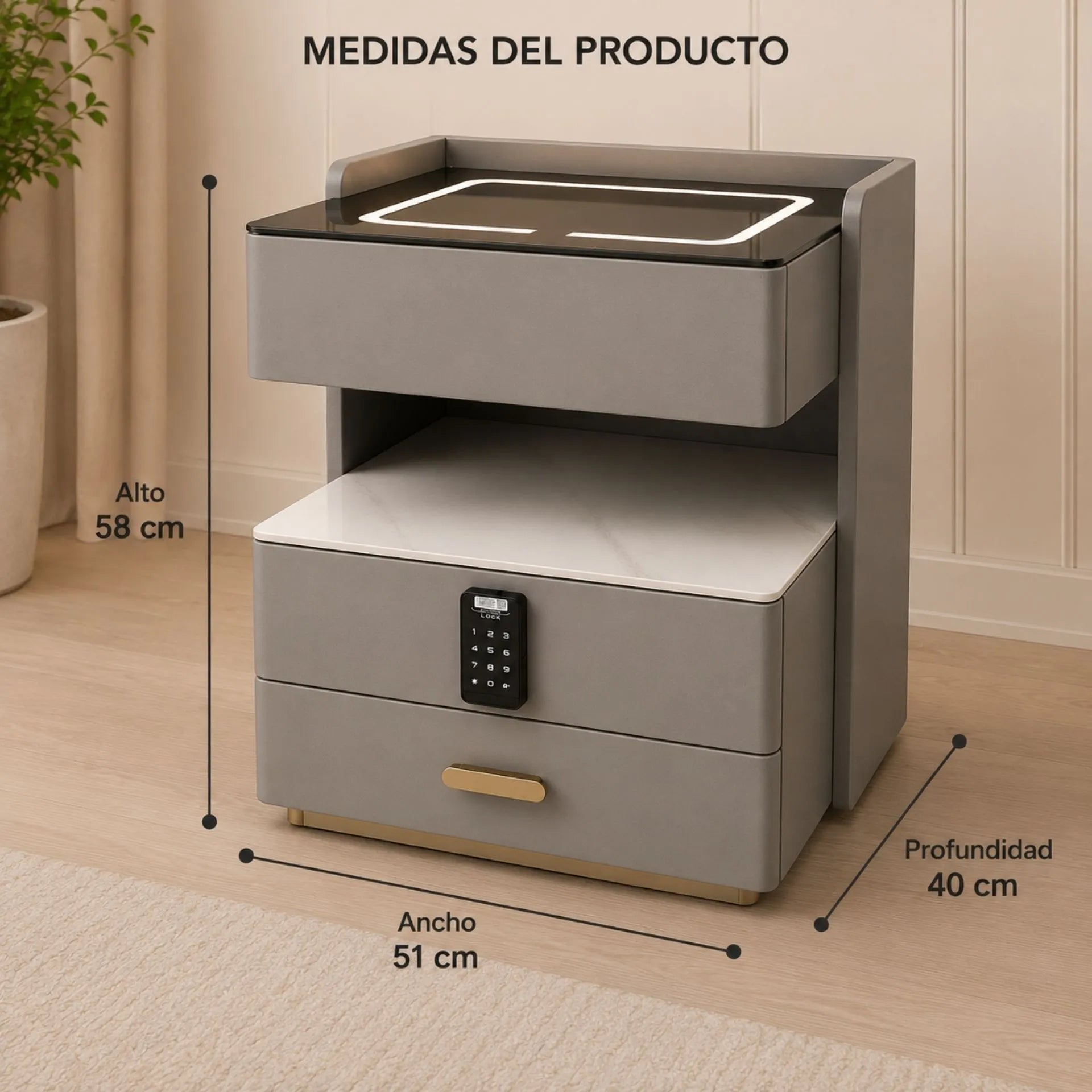Mesa De Noche Inteligente 3 Cajones Luz LED Carga Inalámbrica Cerradura Digital Y USB AE0527