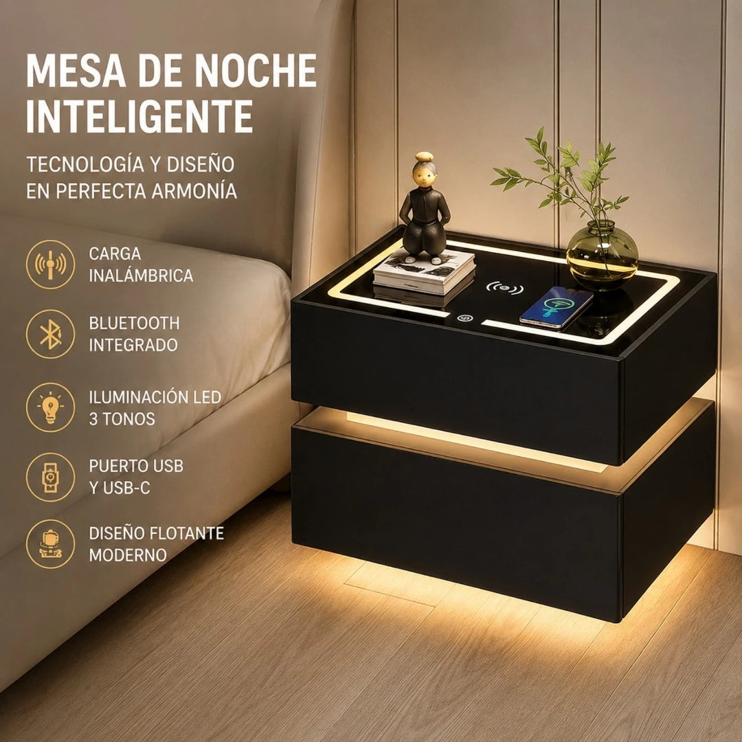 Mesa De Noche Flotante Inteligente Con Carga Inalámbrica Bluetooth Y Luz LED AE0137