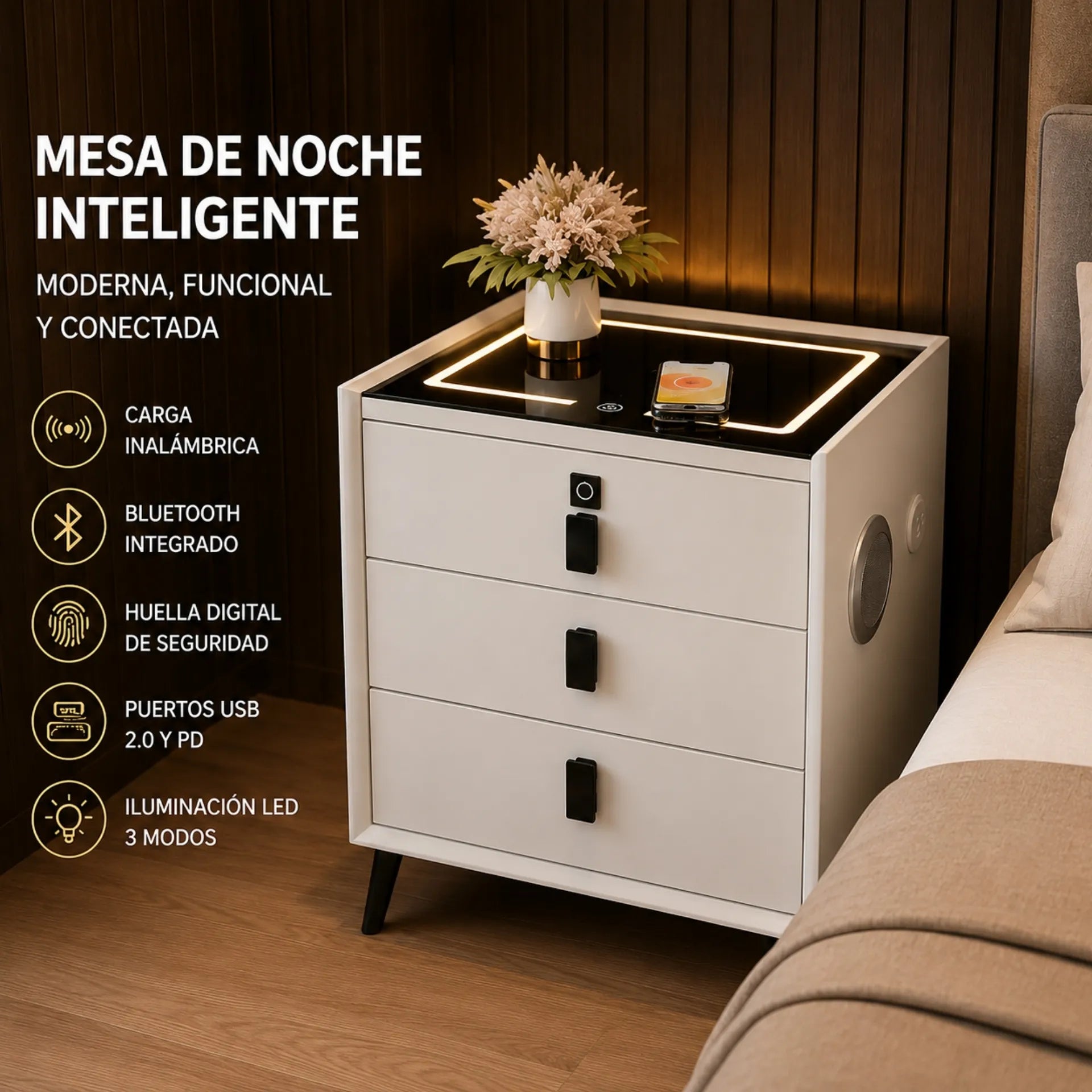 Mesa De Noche Inteligente Con Carga Inalámbrica Bluetooth Y Huella Digital 4059-C