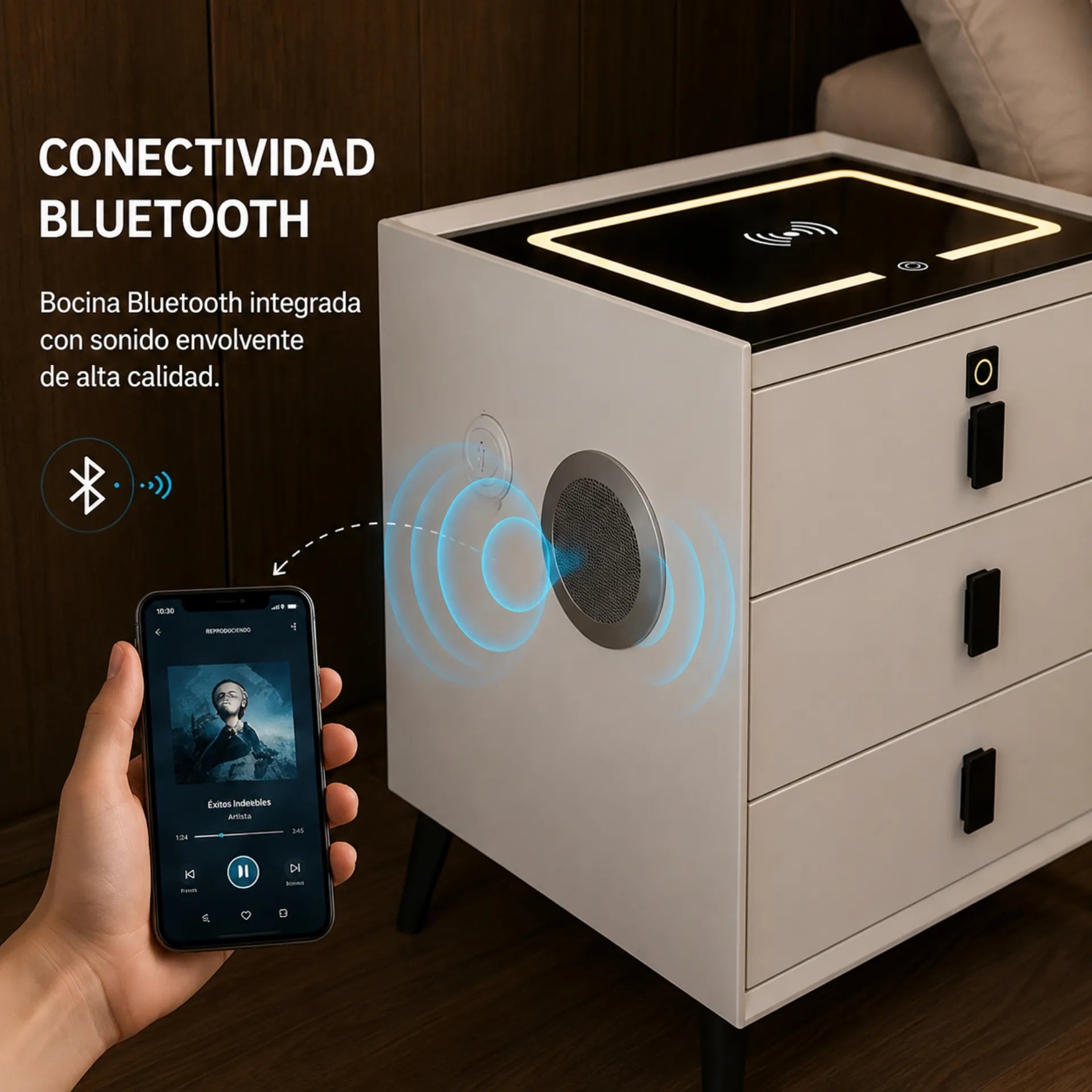 Mesa De Noche Inteligente Con Carga Inalámbrica Bluetooth Y Huella Digital 4059-C