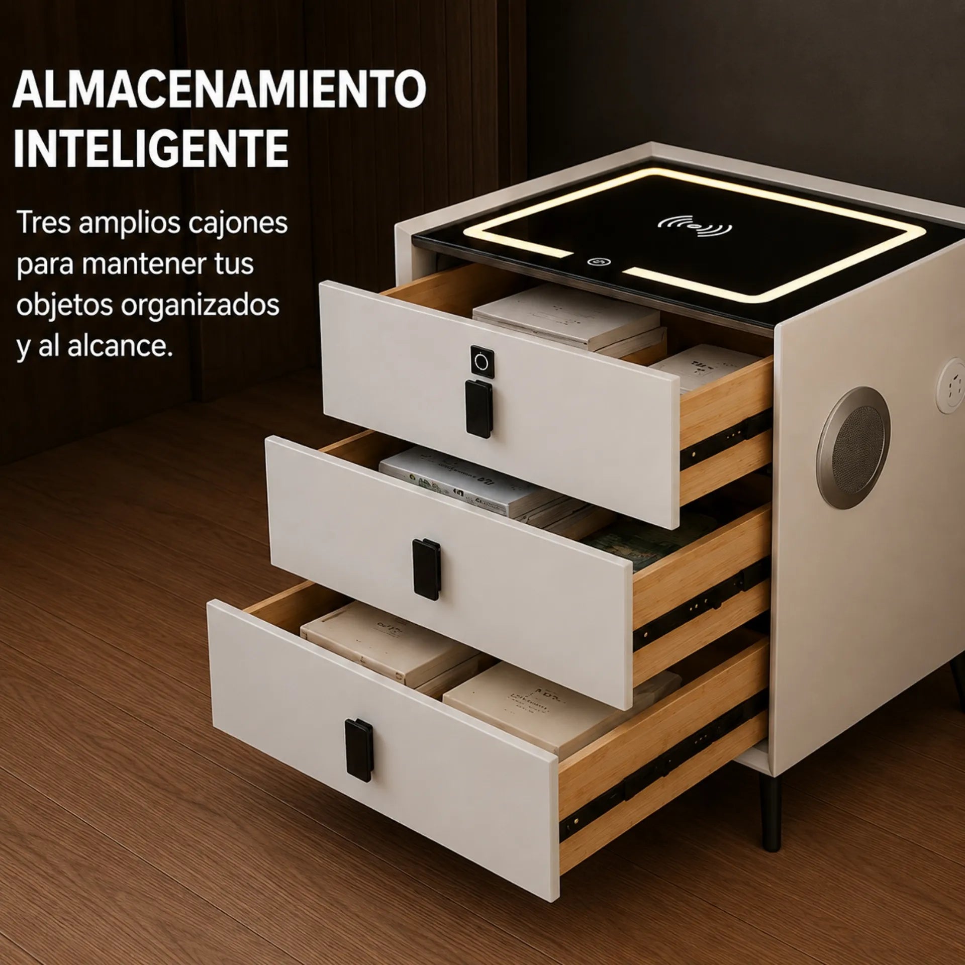 Mesa De Noche Inteligente Con Carga Inalámbrica Bluetooth Y Huella Digital 4059-C