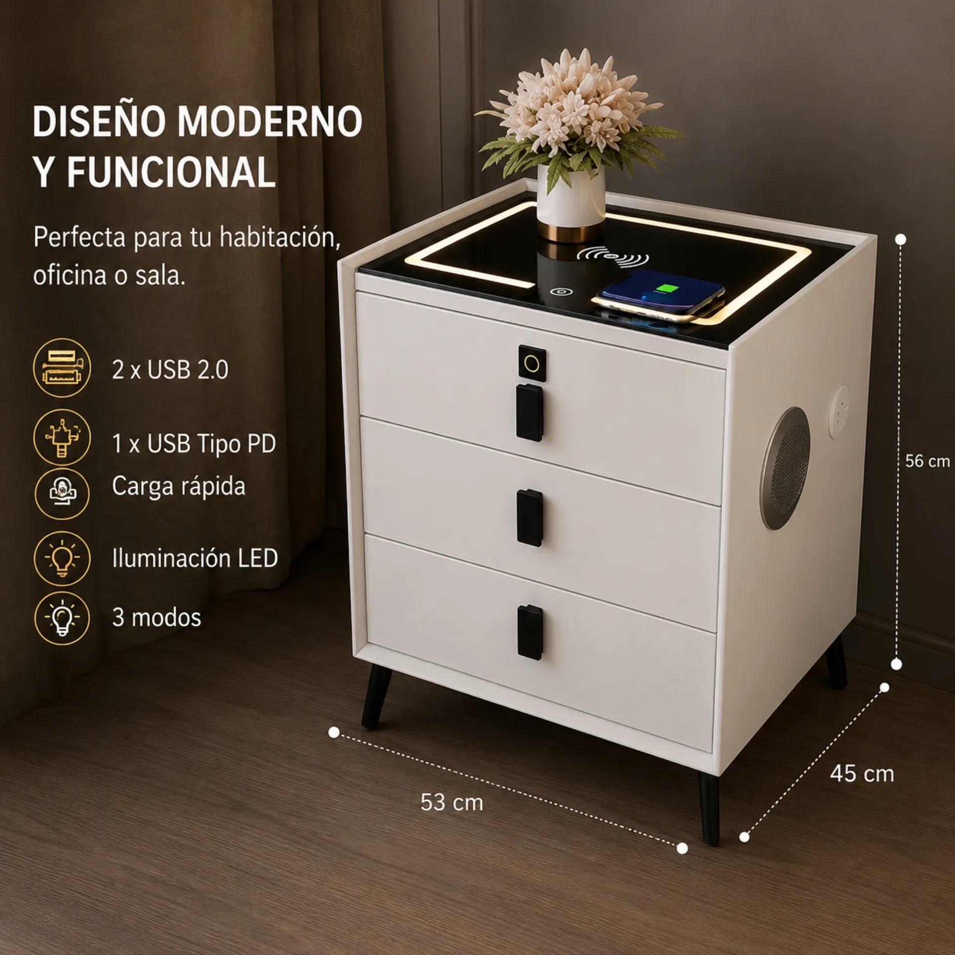 Mesa De Noche Inteligente Con Carga Inalámbrica Bluetooth Y Huella Digital 4059-C