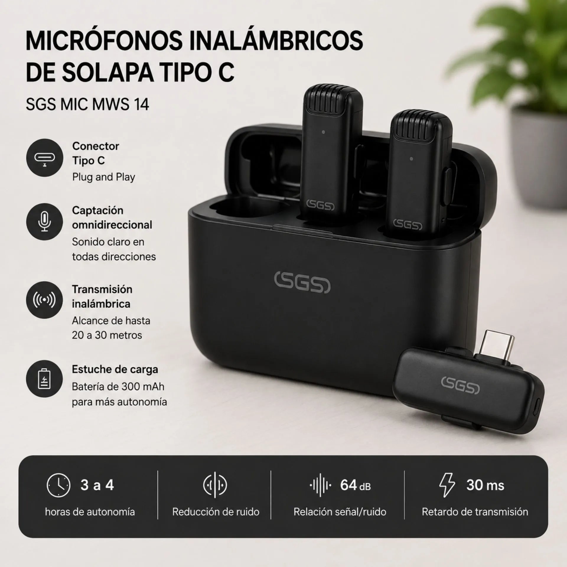 Micrófonos Inalámbricos De Solapa Tipo C Con Estuche De Carga SGS MIC MWS 14