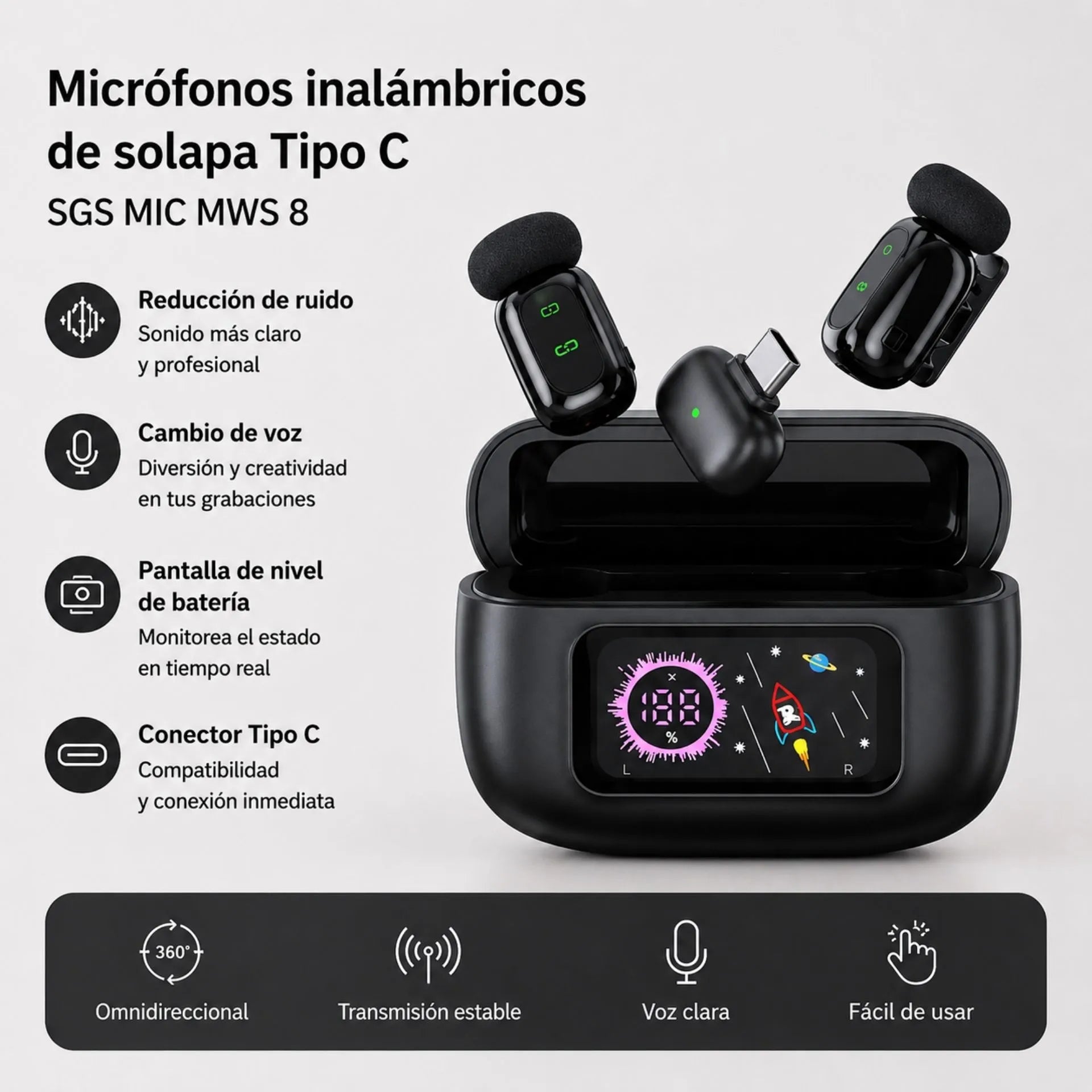 Micrófonos Inalámbricos De Solapa Tipo C Con Reducción De Ruido SGS MIC MWS 8