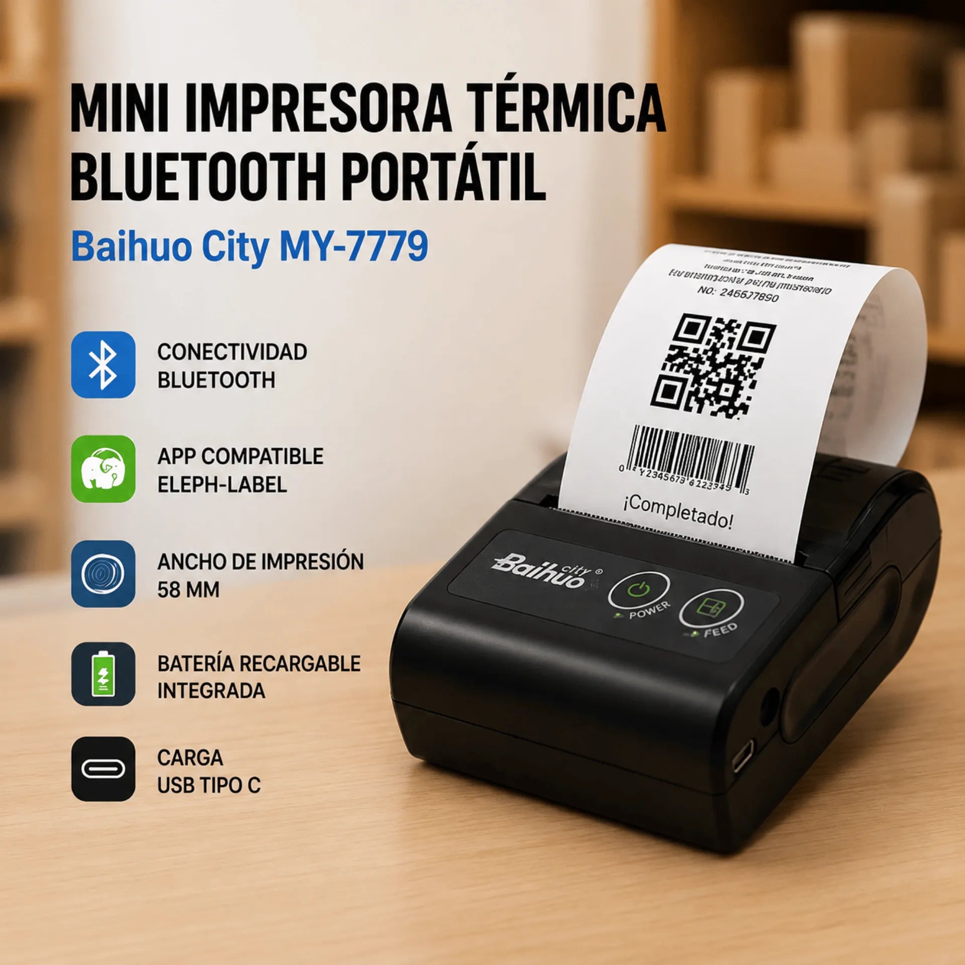 Mini Impresora Térmica Bluetooth Portátil Para Etiquetas Y Recibos Baihuo City MY-7779