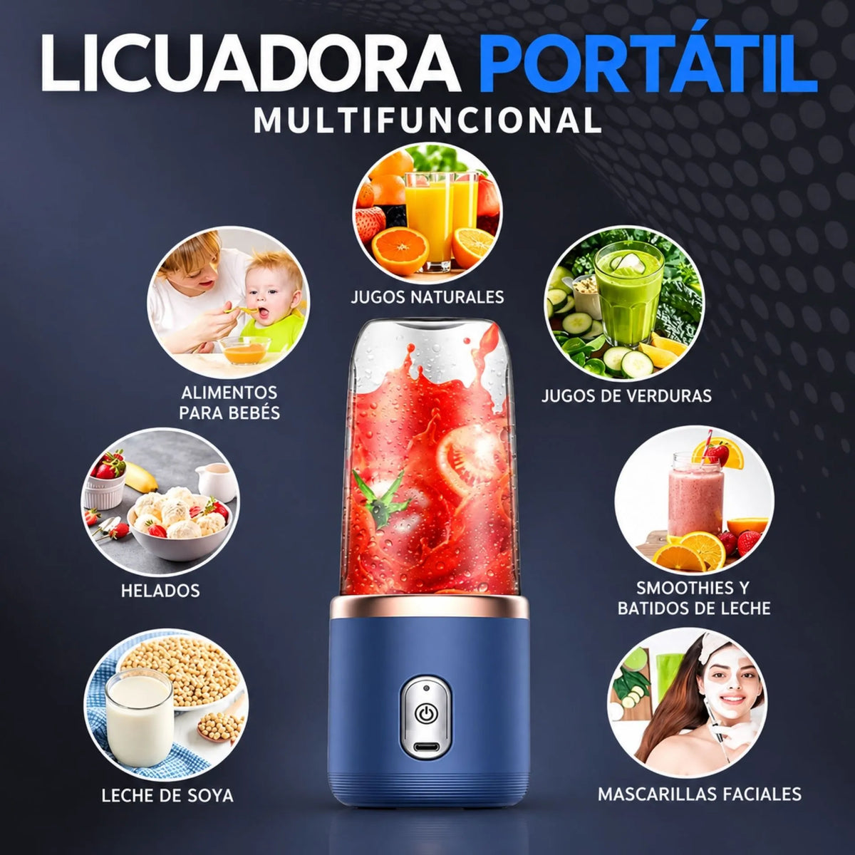 Licuadora Portátil Recargable De 300 ml Con Vaso, 6 Cuchillas De Acero Inoxidable 40W WQ-H701