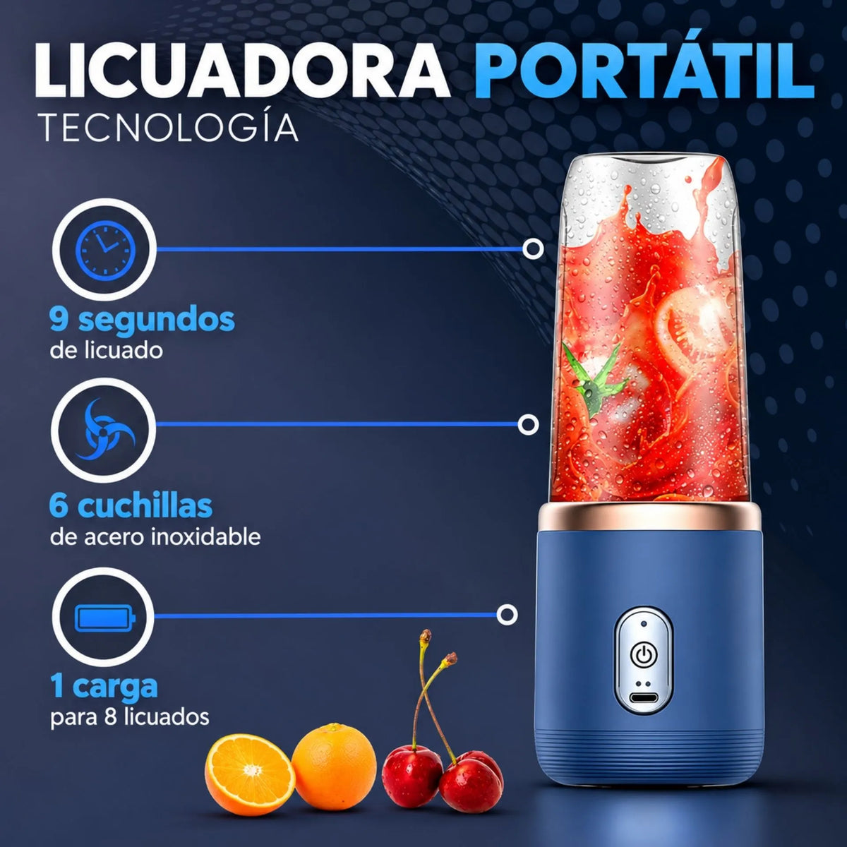 Licuadora Portátil Recargable De 300 ml Con Vaso, 6 Cuchillas De Acero Inoxidable 40W WQ-H701