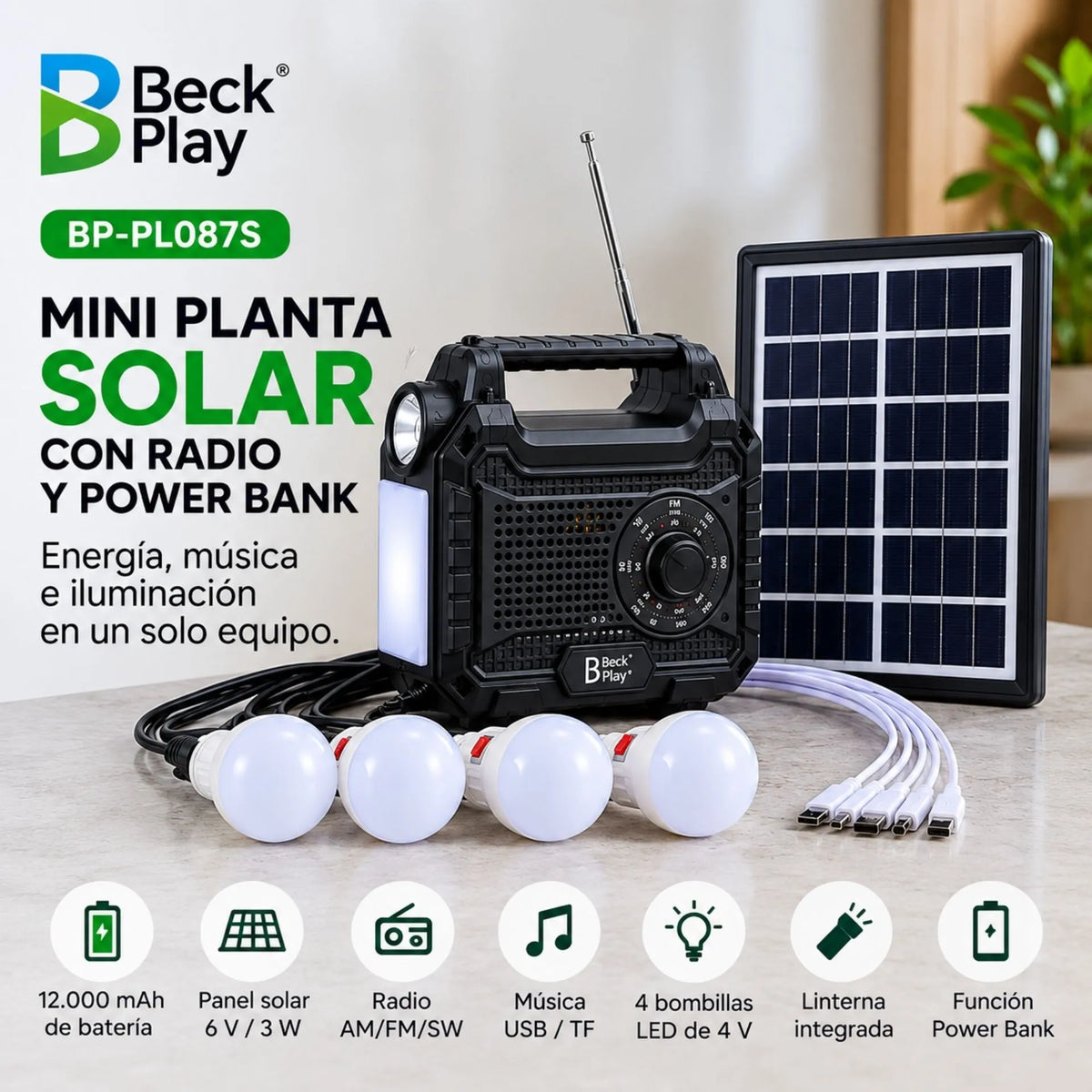 Mini Planta Solar Con Radio Y Power Bank Beck 4 Bombillos Play BP-PL087S