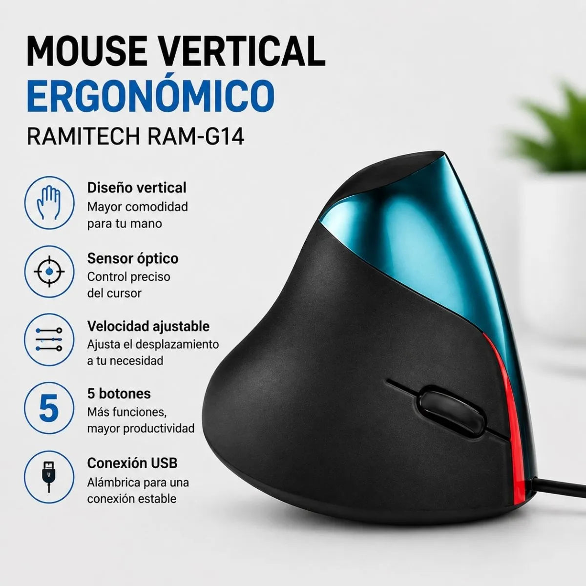 Mouse Vertical Ergonómico Óptico Alámbrico USB Ramitech RAM-G14