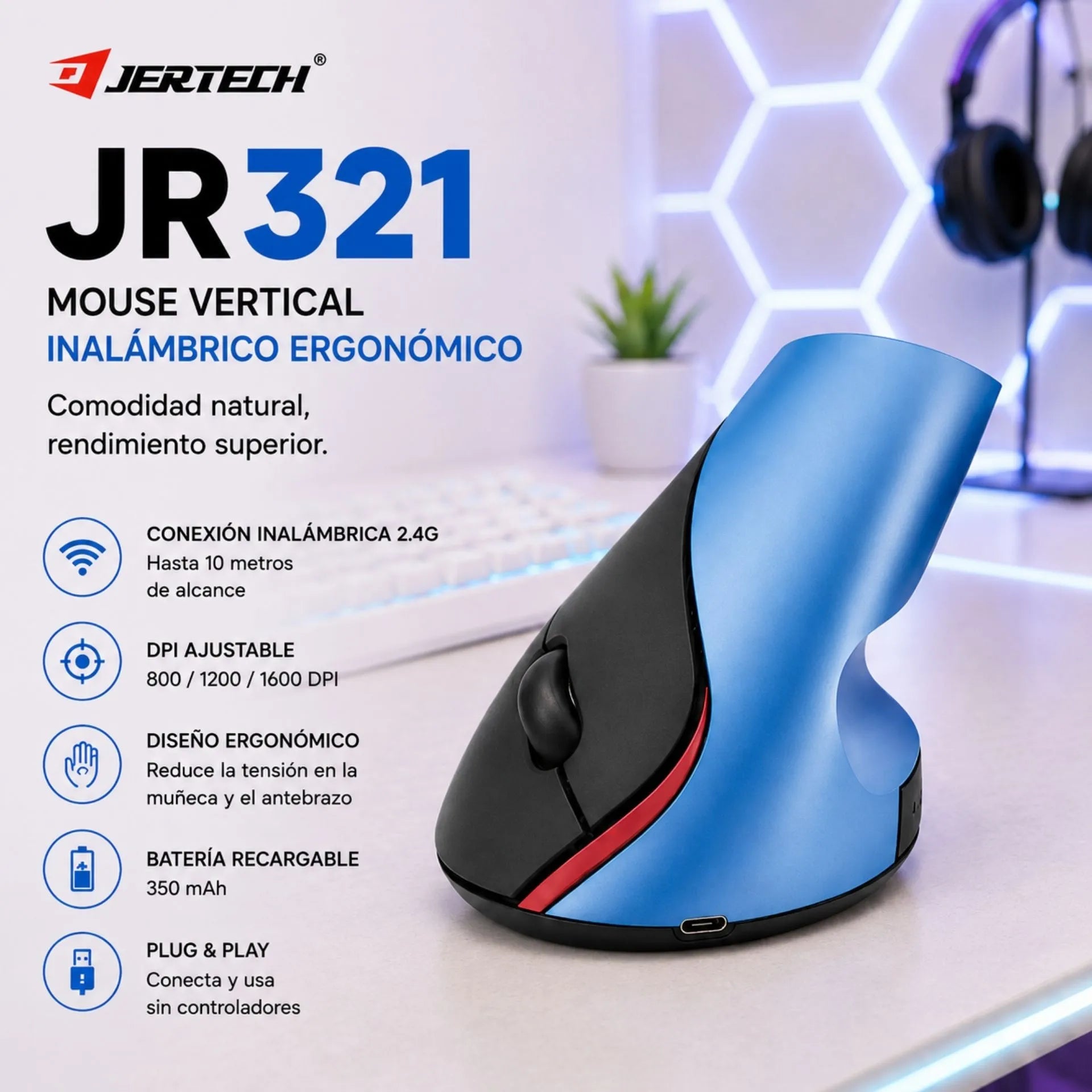 Mouse Vertical Inalámbrico Ergonómico Recargable USB 2.4G Jertech JR321