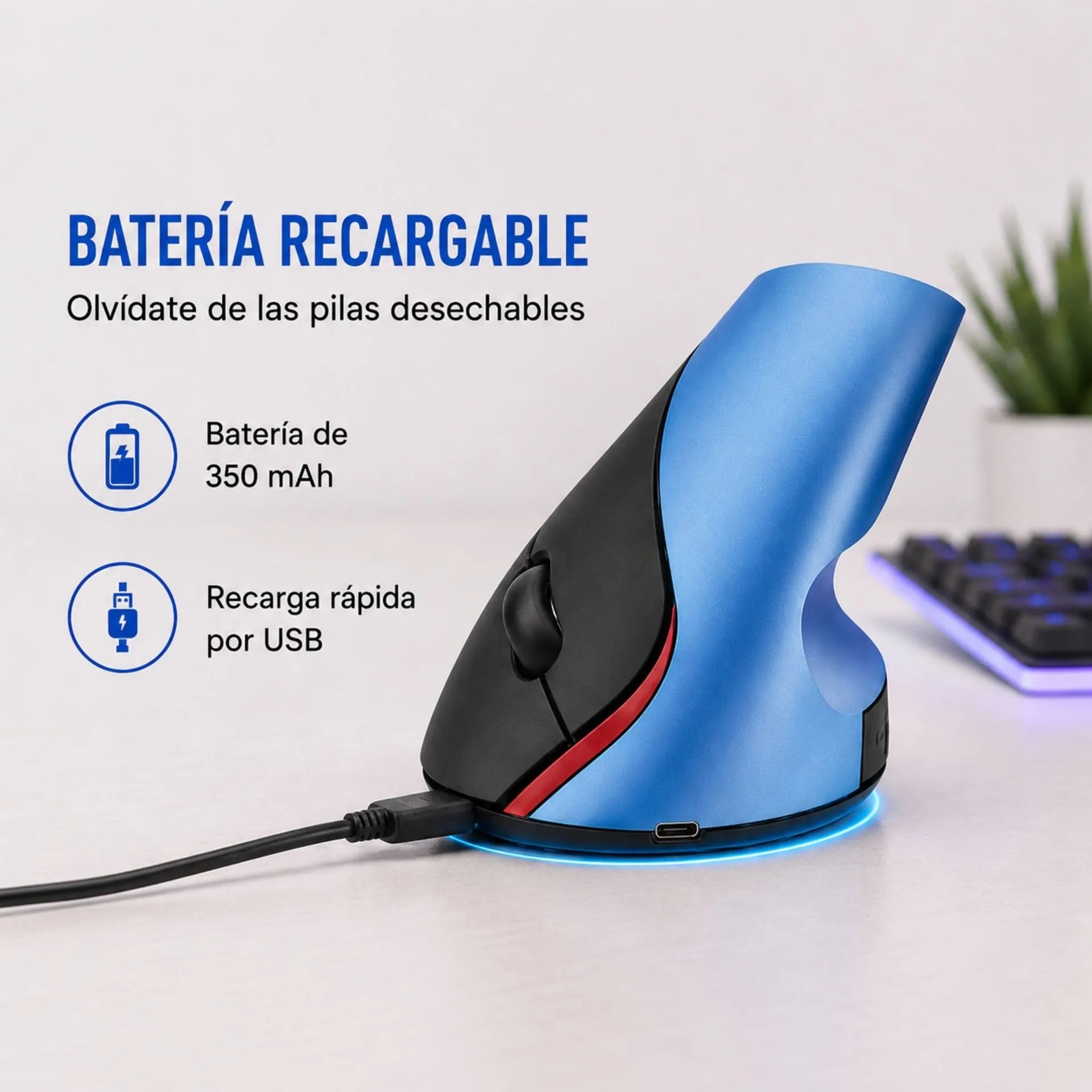 Mouse Vertical Inalámbrico Ergonómico Recargable USB 2.4G Jertech JR321