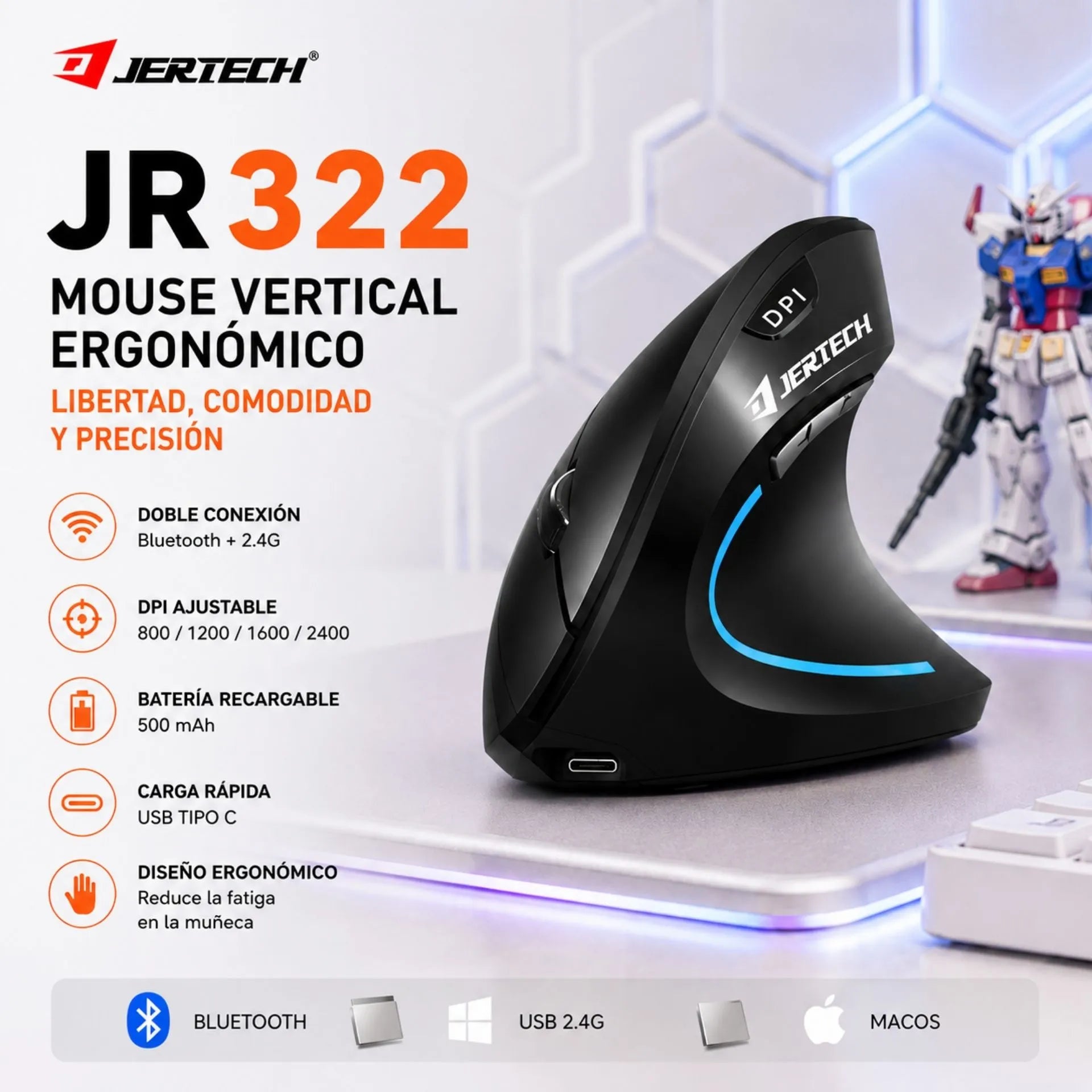 Mouse Vertical Ergonómico Inalámbrico Recargable Bluetooth y USB 2.4G Jertech JR322