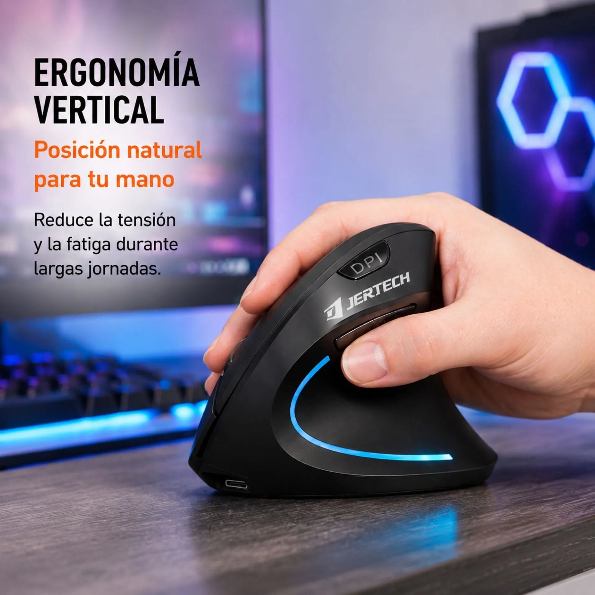 Mouse Vertical Ergonómico Inalámbrico Recargable Bluetooth y USB 2.4G Jertech JR322