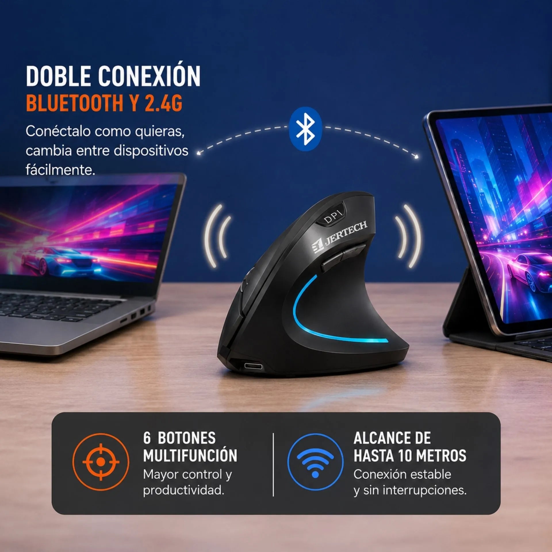 Mouse Vertical Ergonómico Inalámbrico Recargable Bluetooth y USB 2.4G Jertech JR322