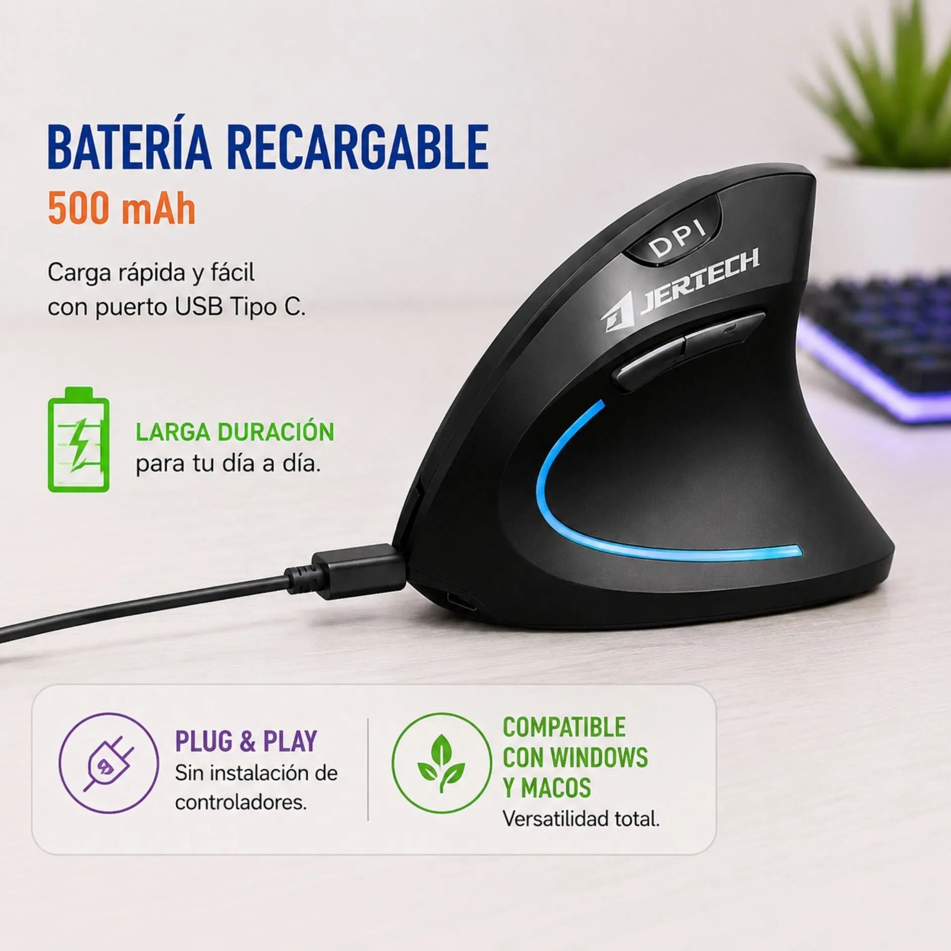 Mouse Vertical Ergonómico Inalámbrico Recargable Bluetooth y USB 2.4G Jertech JR322