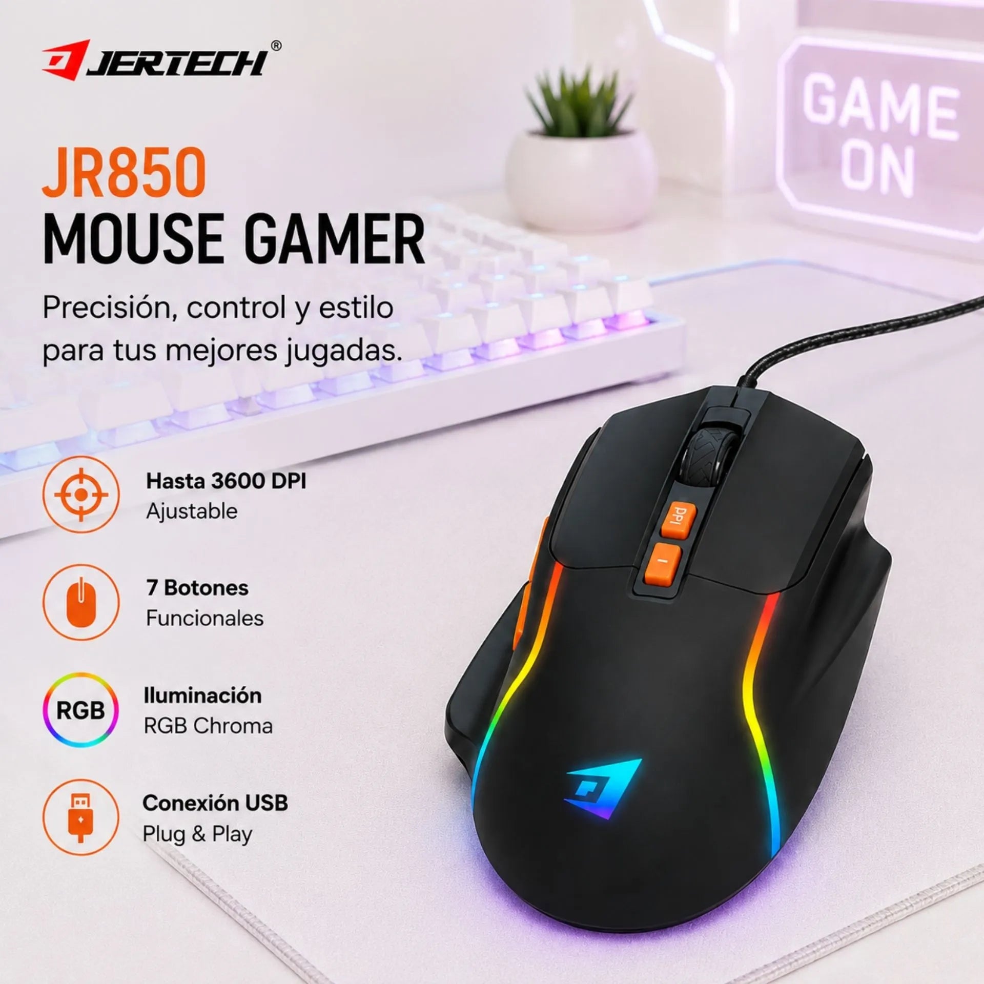 Mouse Gamer Alámbrico USB RGB 3600 DPI 7 Botones Jertech JR850