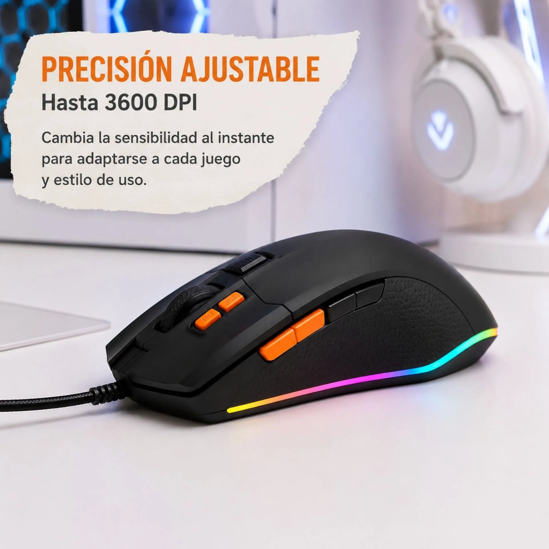 Mouse Gamer Alámbrico USB RGB 3600 DPI 7 Botones Jertech JR850