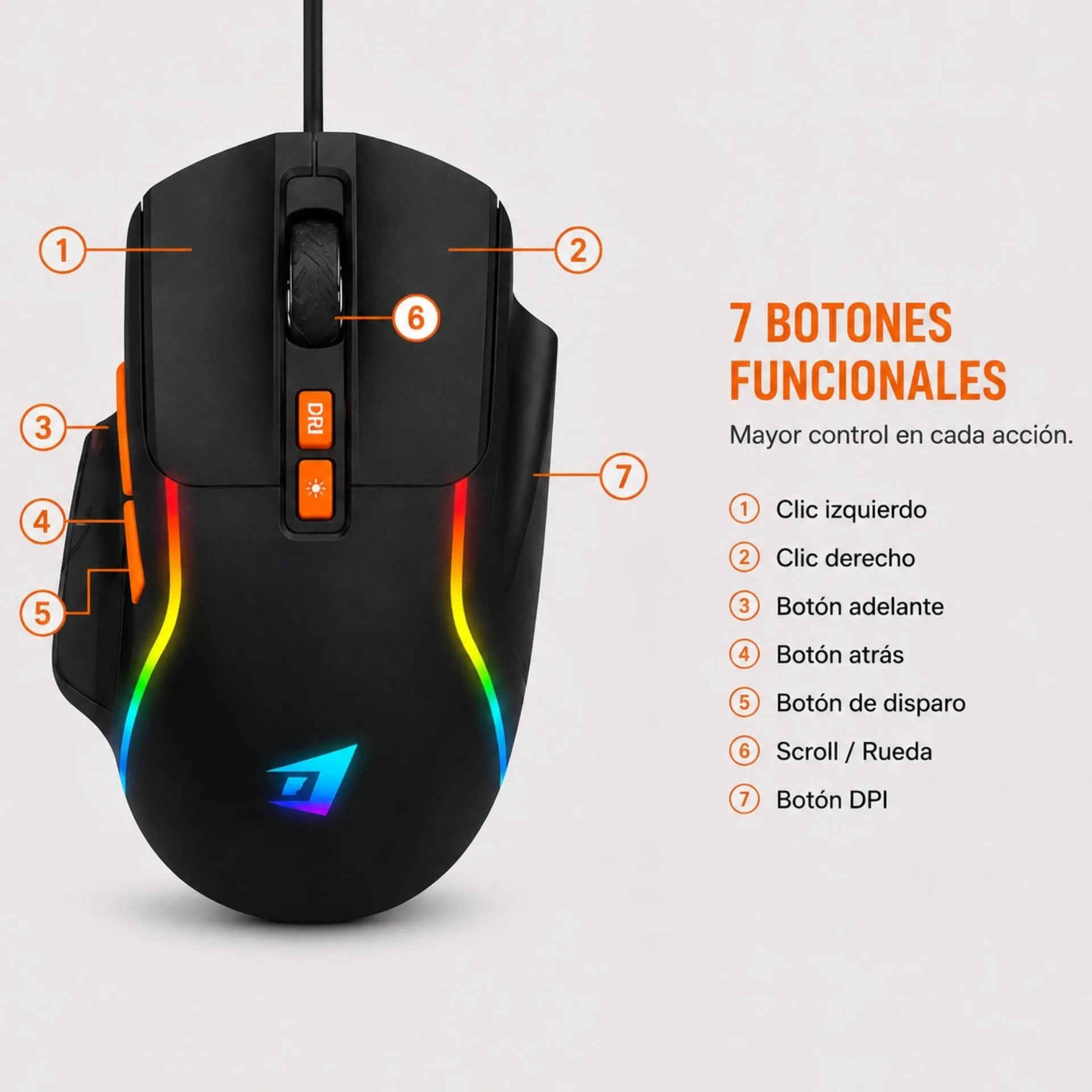 Mouse Gamer Alámbrico USB RGB 3600 DPI 7 Botones Jertech JR850