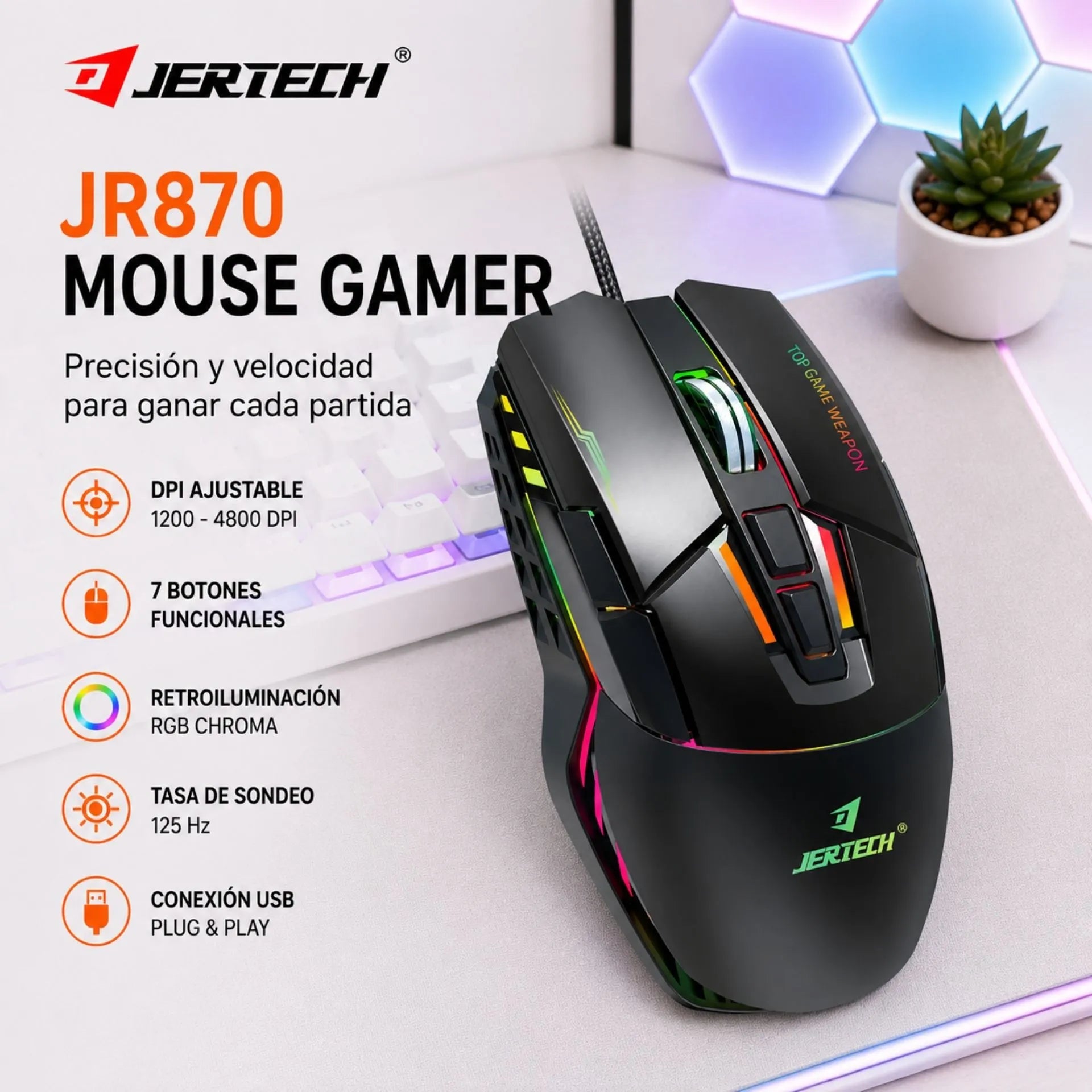 Mouse Gamer Alámbrico USB RGB 4800 DPI 7 Botones Jertech JR870