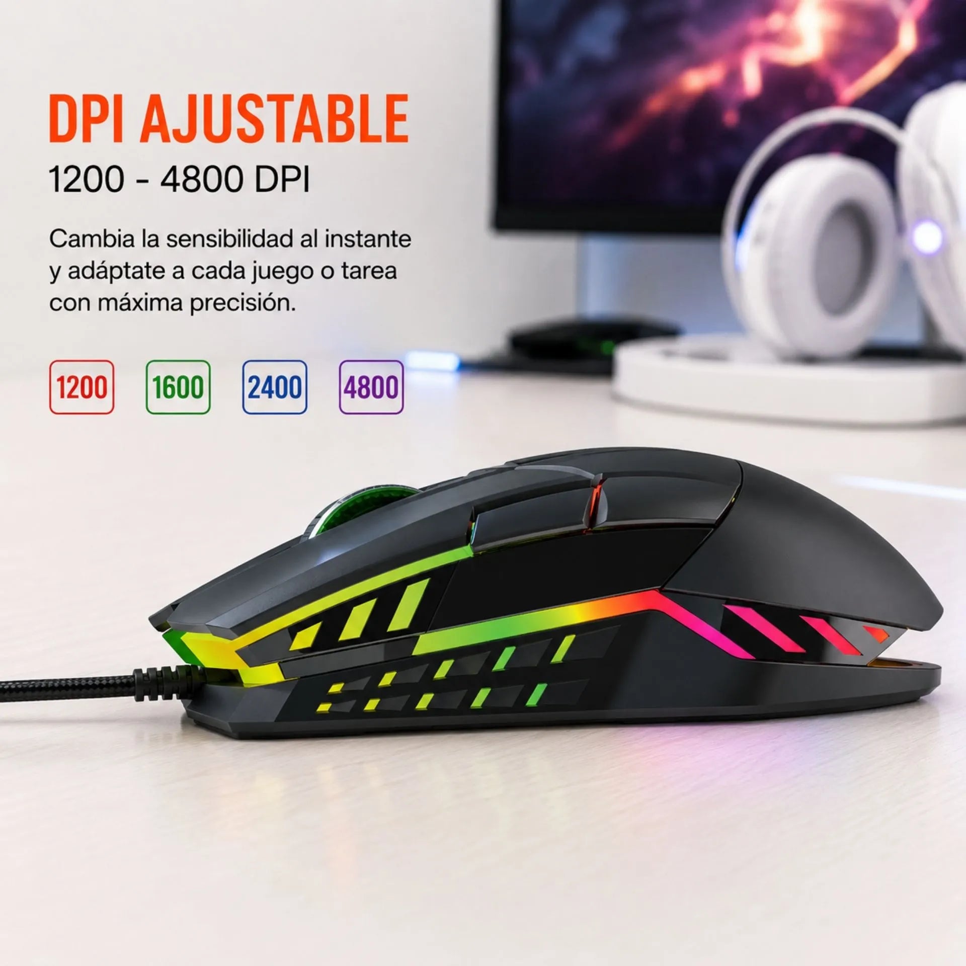 Mouse Gamer Alámbrico USB RGB 4800 DPI 7 Botones Jertech JR870