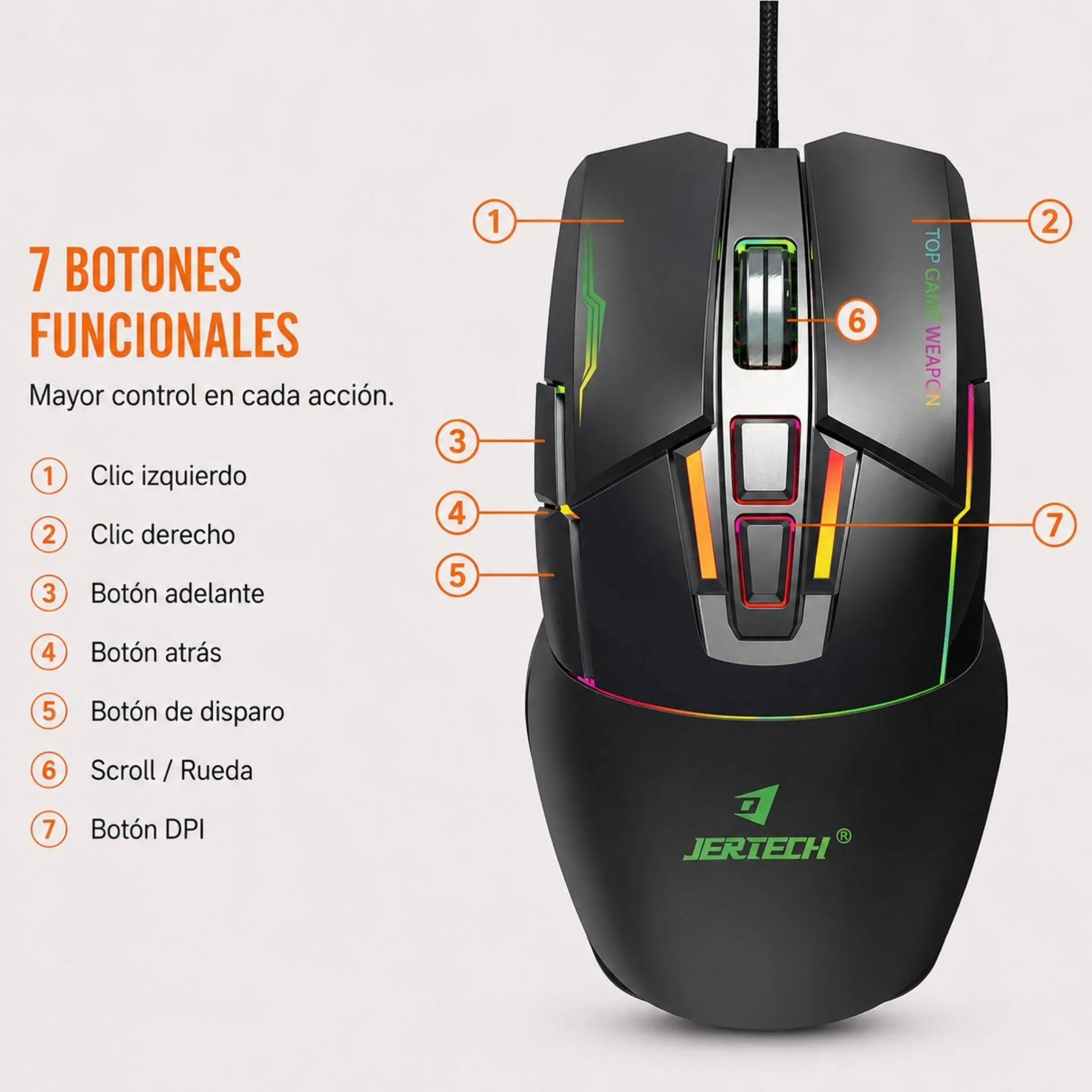 Mouse Gamer Alámbrico USB RGB 4800 DPI 7 Botones Jertech JR870