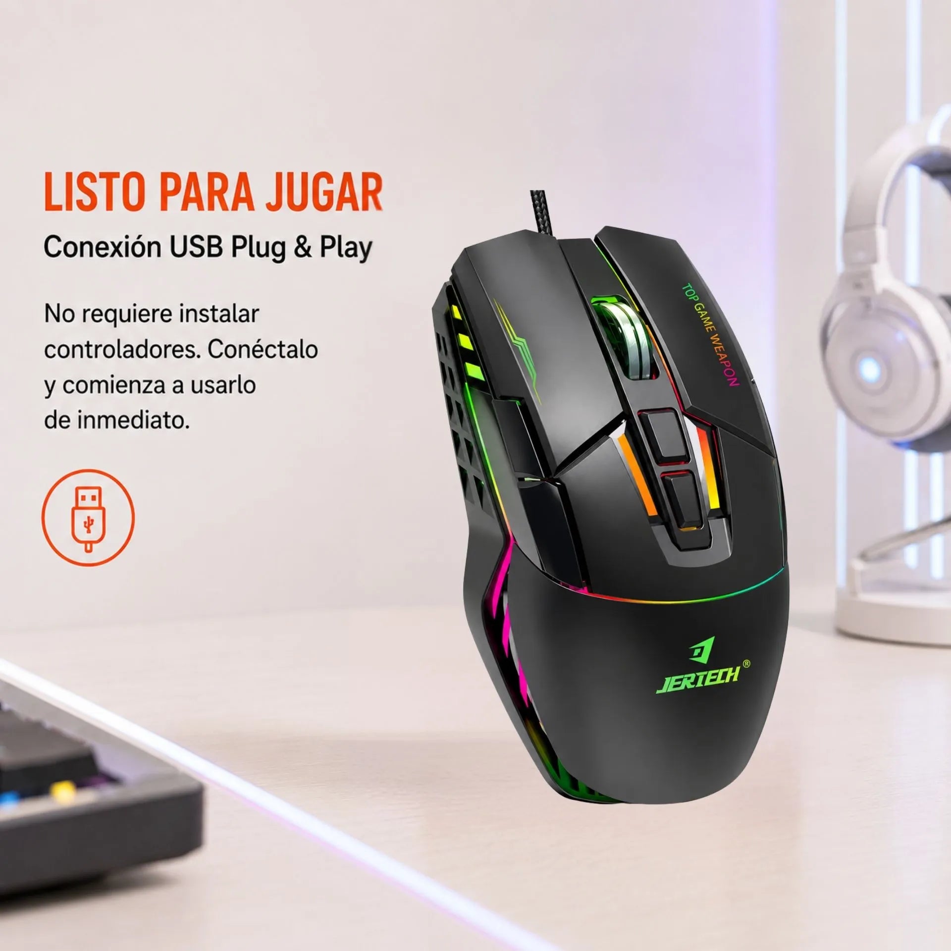 Mouse Gamer Alámbrico USB RGB 4800 DPI 7 Botones Jertech JR870