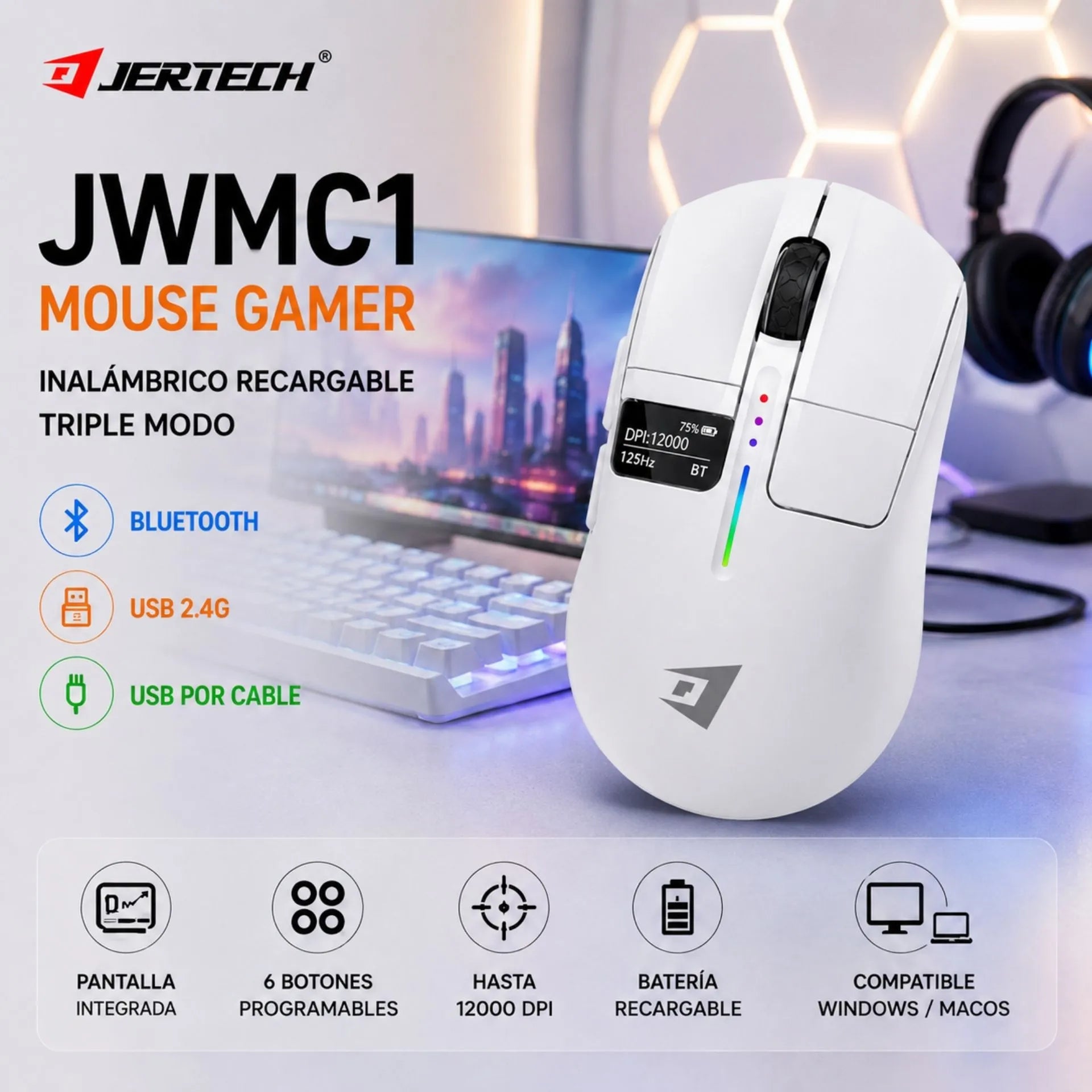 Mouse Gamer Inalámbrico Recargable Triple Modo Bluetooth, USB 2.4G y Cable Jertech JWMC1