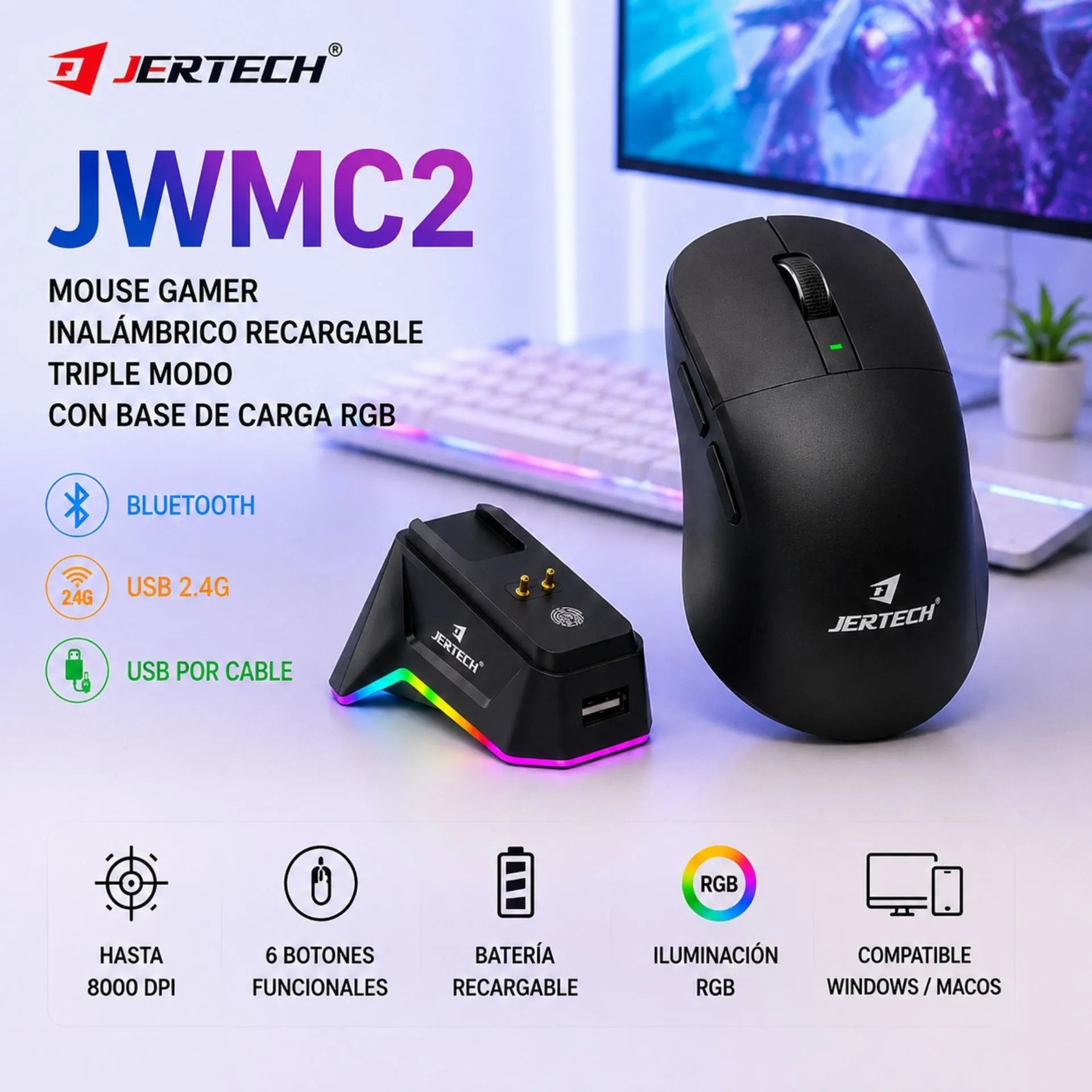 Mouse Gamer Inalámbrico Recargable Triple Modo Con Base De Carga RGB Jertech JWMC2