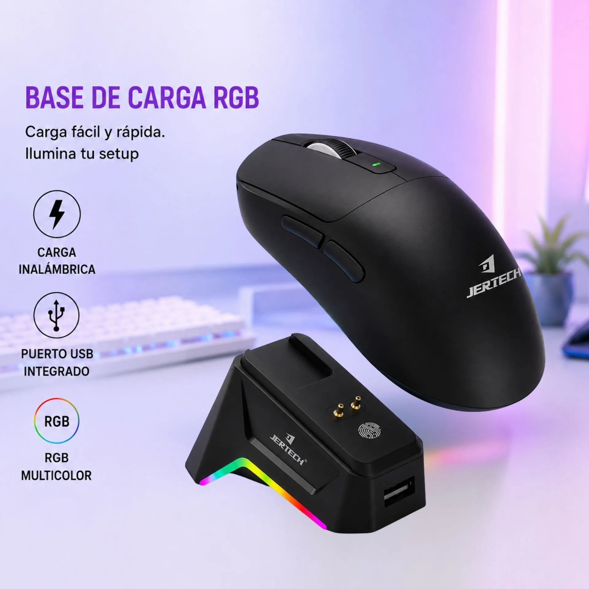 Mouse Gamer Inalámbrico Recargable Triple Modo Con Base De Carga RGB Jertech JWMC2