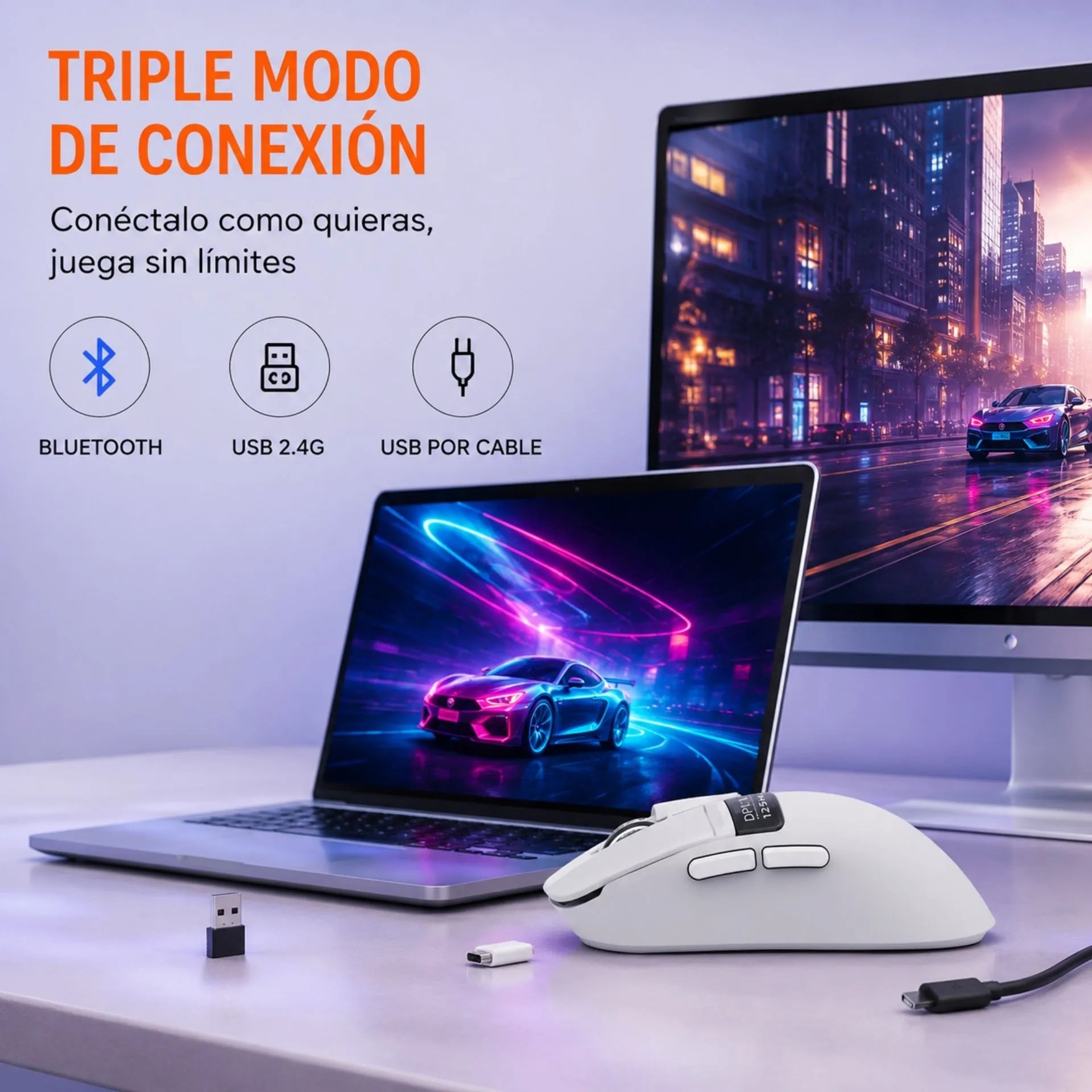 Mouse Gamer Inalámbrico Recargable Triple Modo Bluetooth, USB 2.4G y Cable Jertech JWMC1