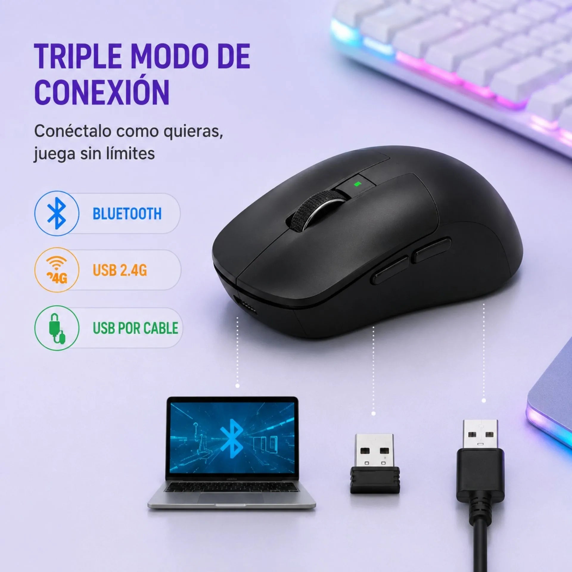 Mouse Gamer Inalámbrico Recargable Triple Modo Con Base De Carga RGB Jertech JWMC2