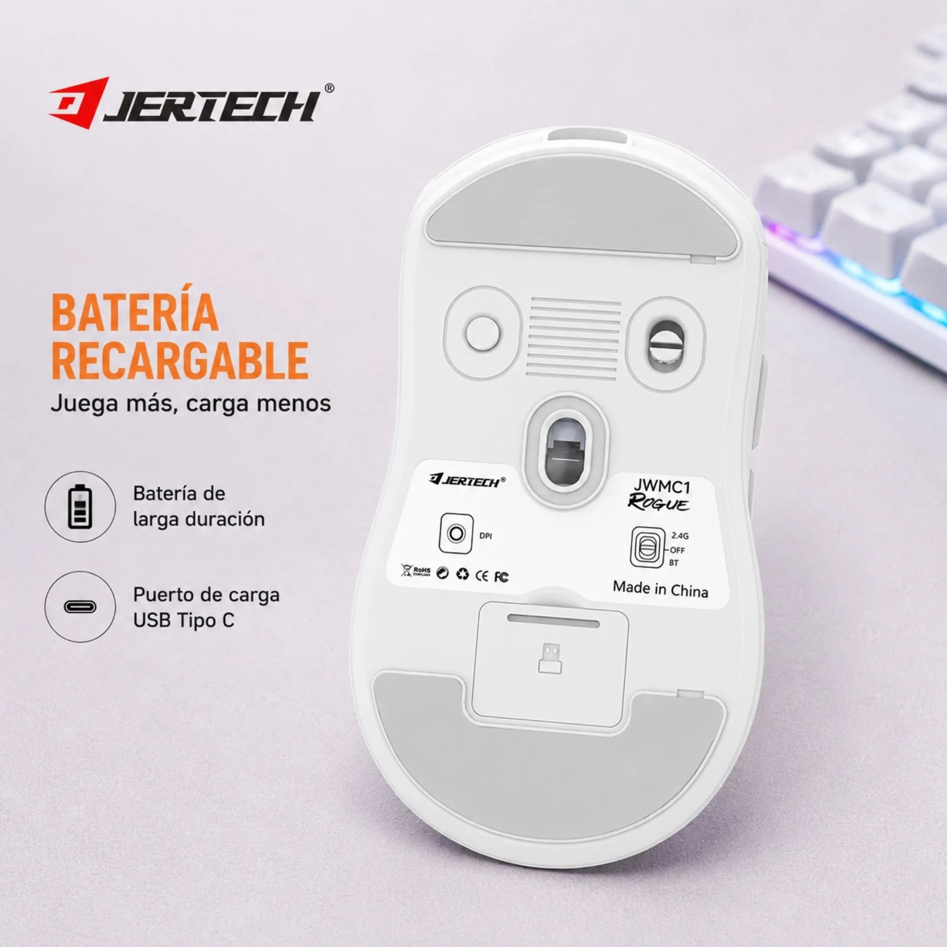 Mouse Gamer Inalámbrico Recargable Triple Modo Bluetooth, USB 2.4G y Cable Jertech JWMC1