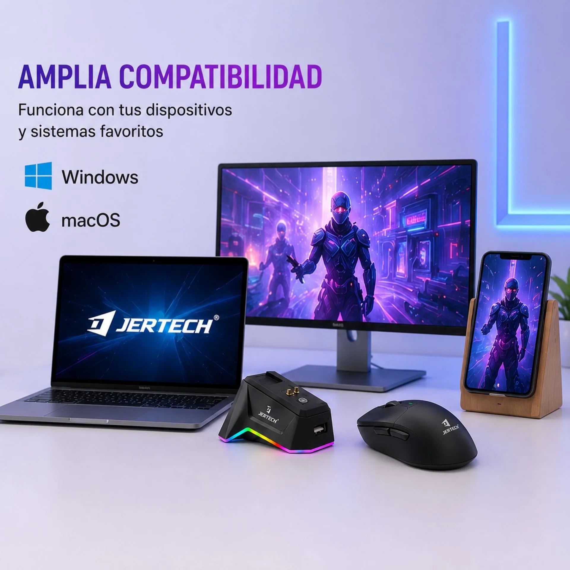 Mouse Gamer Inalámbrico Recargable Triple Modo Con Base De Carga RGB Jertech JWMC2