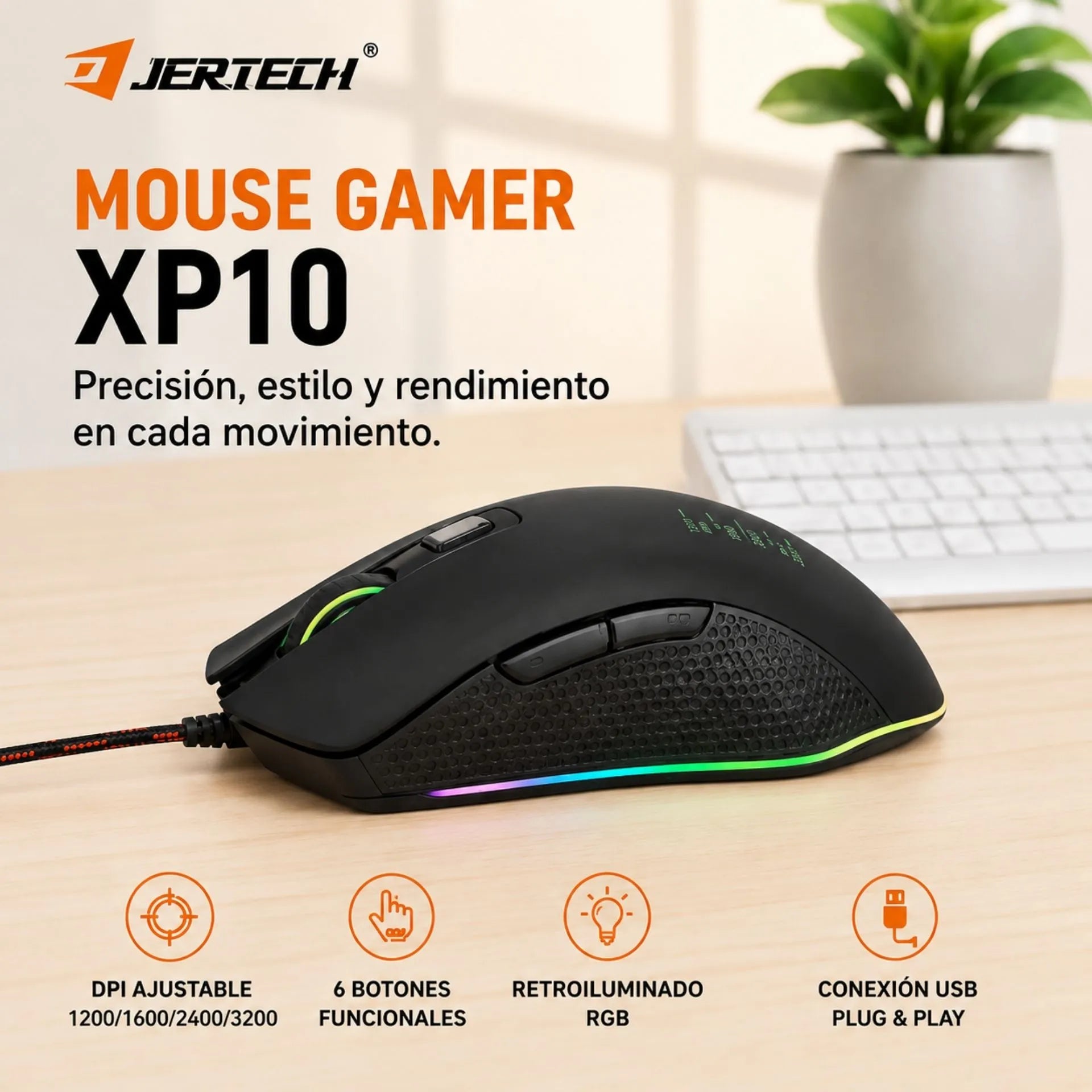 Mouse Alámbrico USB Gamer 3200 DPI Ajustable Jertech XP10