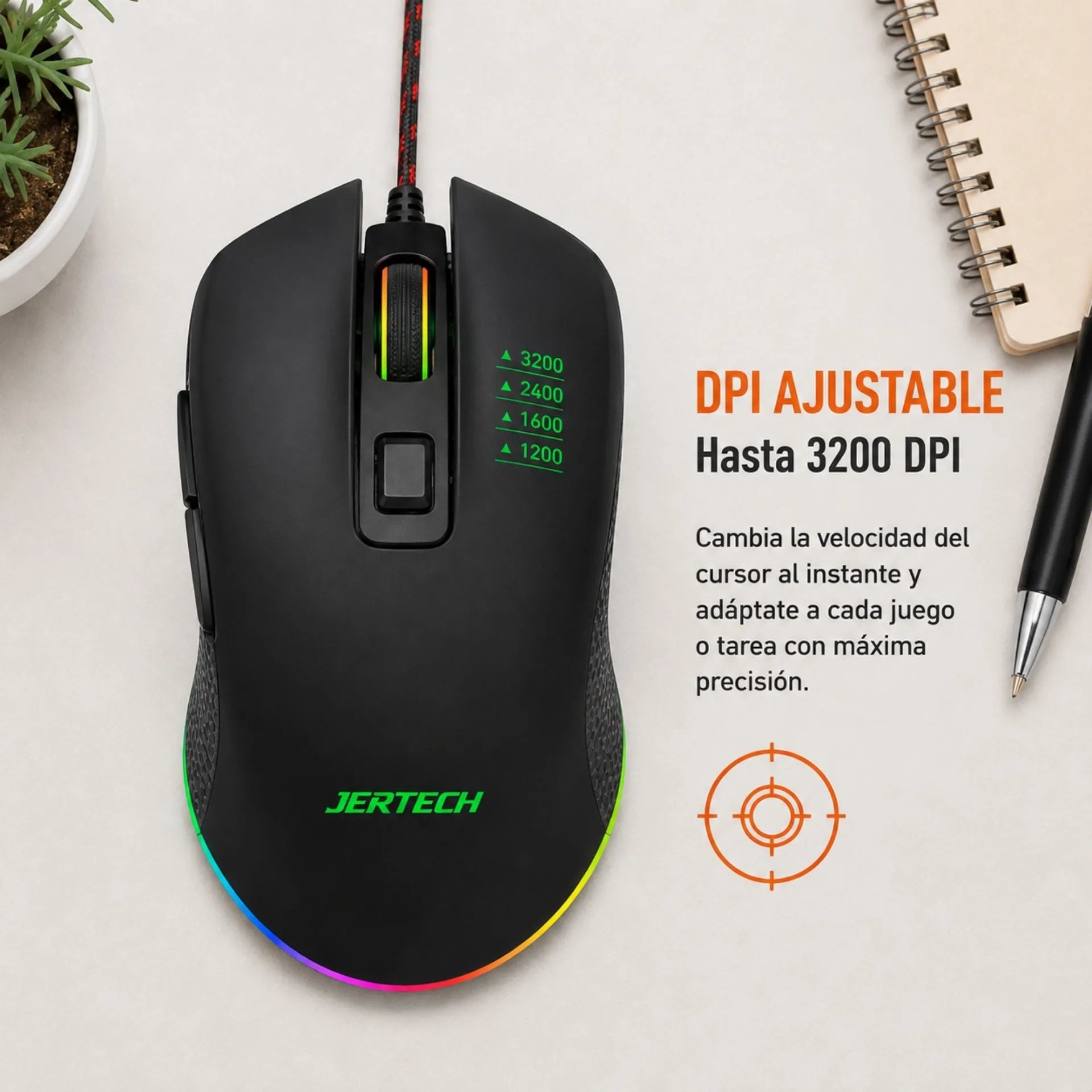 Mouse Alámbrico USB Gamer 3200 DPI Ajustable Jertech XP10