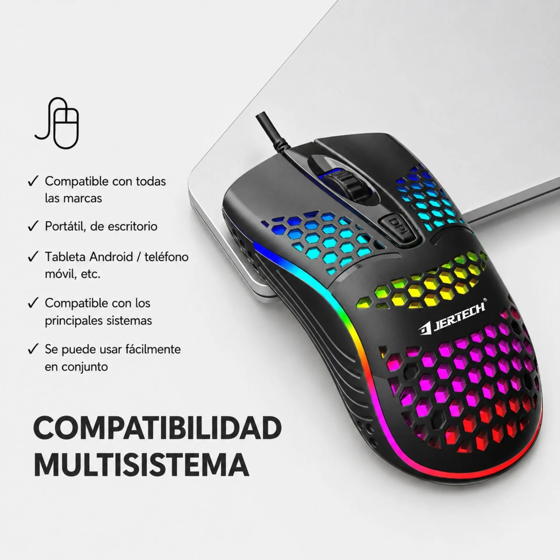 Mouse Alámbrico USB Gamer Jertech RGB Ultraligero DPI Ajustable XP12