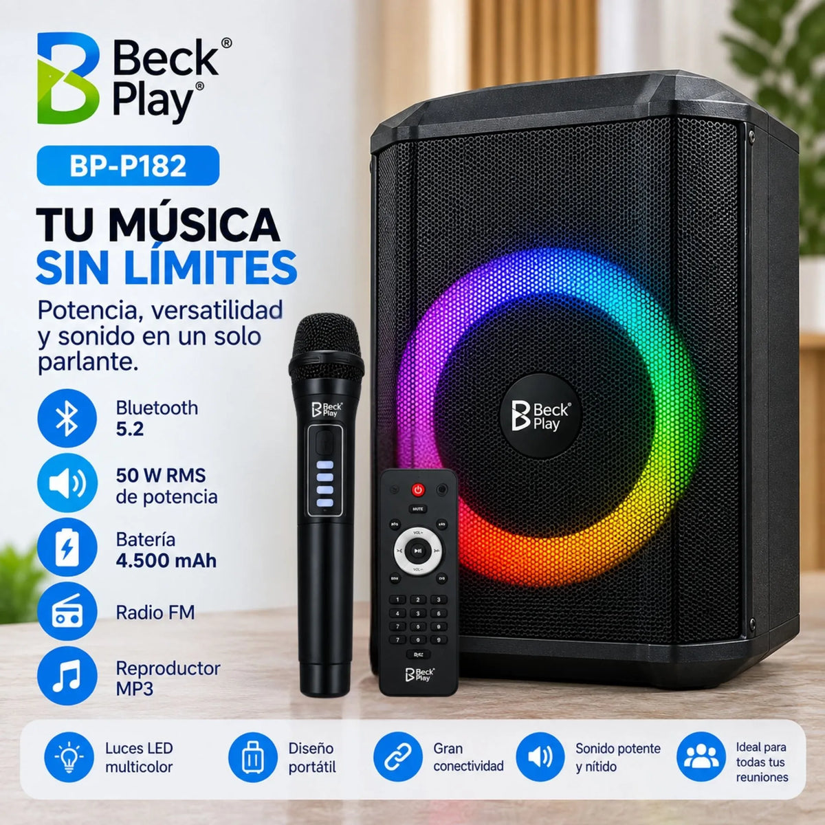 Parlante Cabina Recargable De 8 Pulgadas Con Micrófono Beck Play BP-P182
