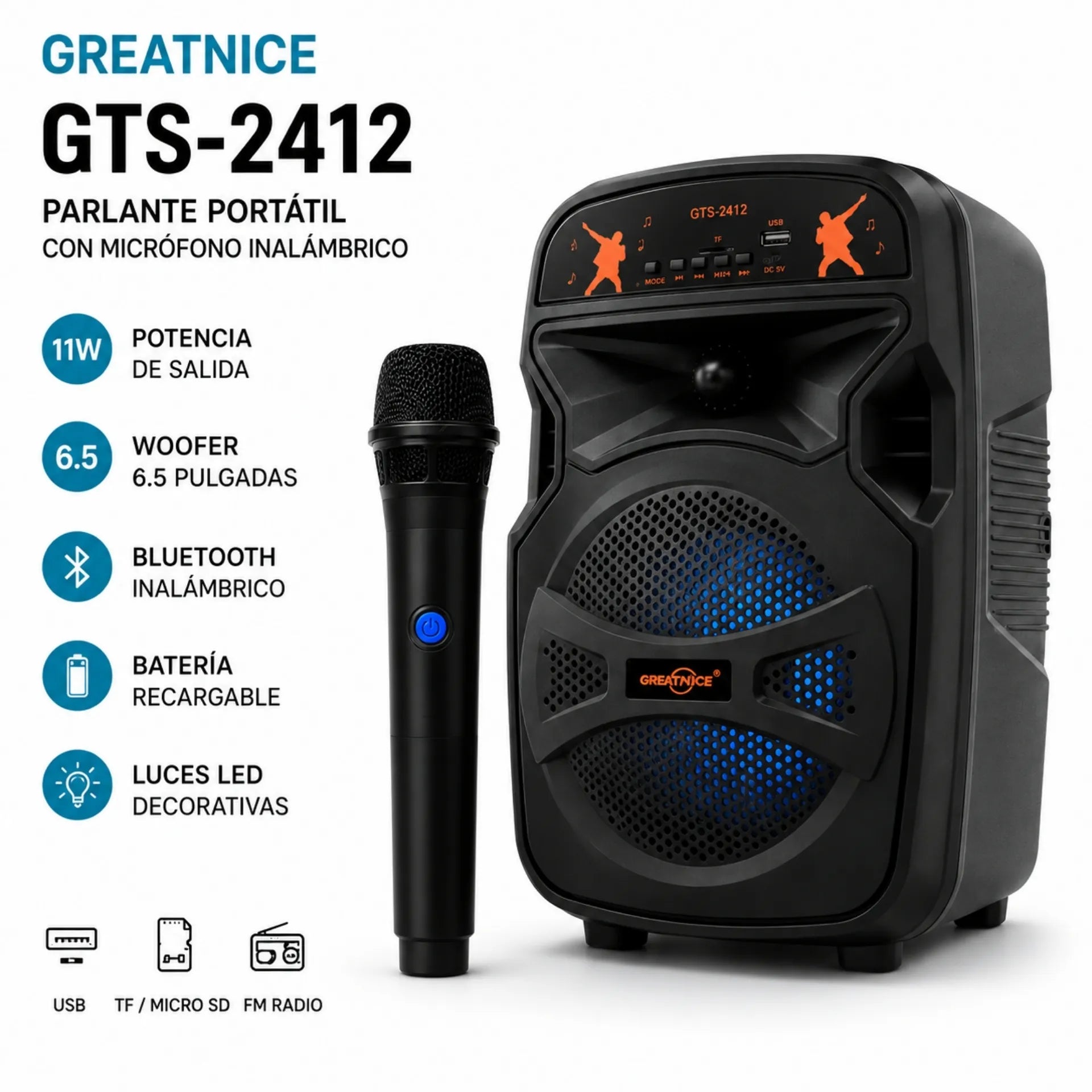Parlante Bluetooth Portátil 6.5 Pulgadas Con Micrófono Inalámbrico Greatnice GTS-2412