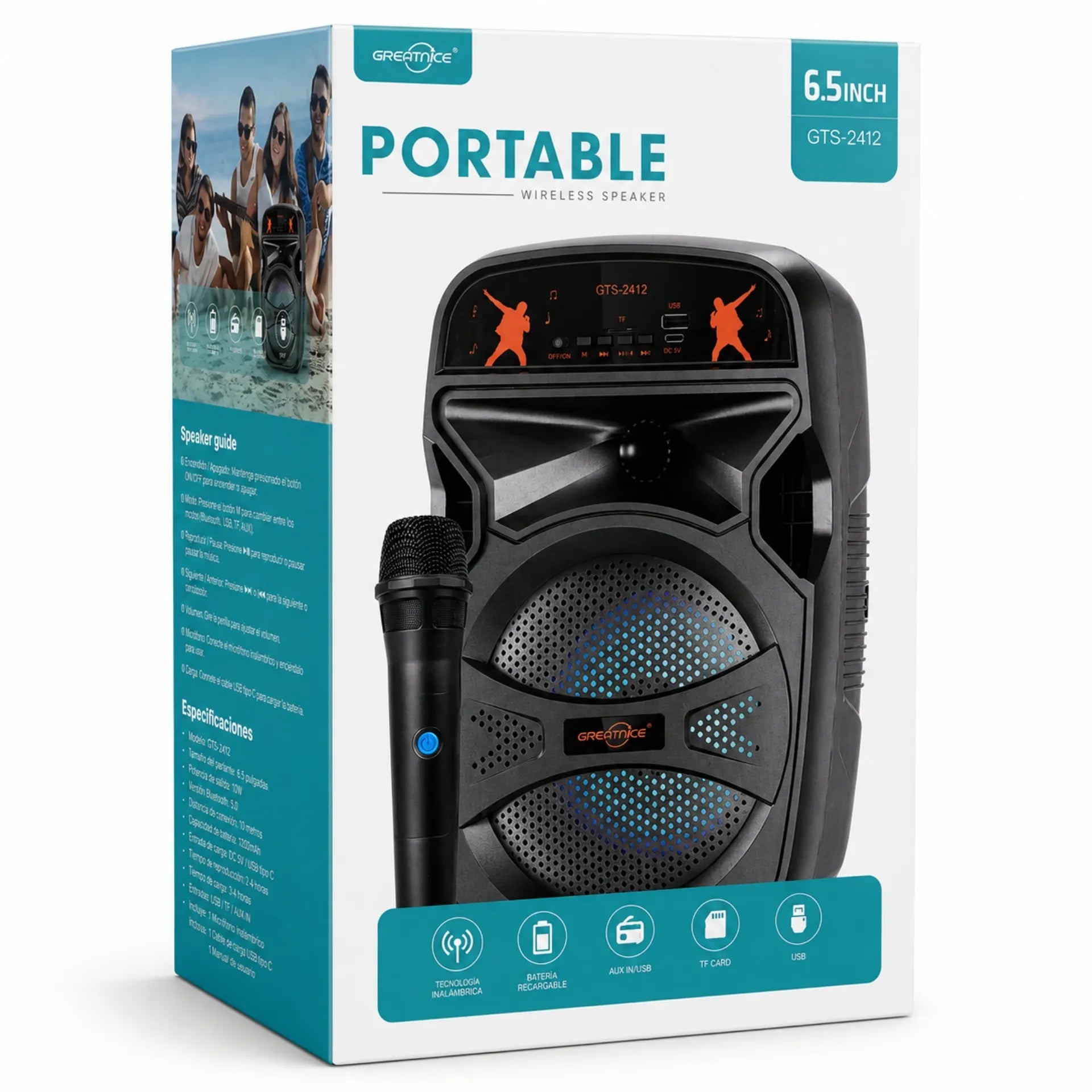 Parlante Bluetooth Portátil 6.5 Pulgadas Con Micrófono Inalámbrico Greatnice GTS-2412