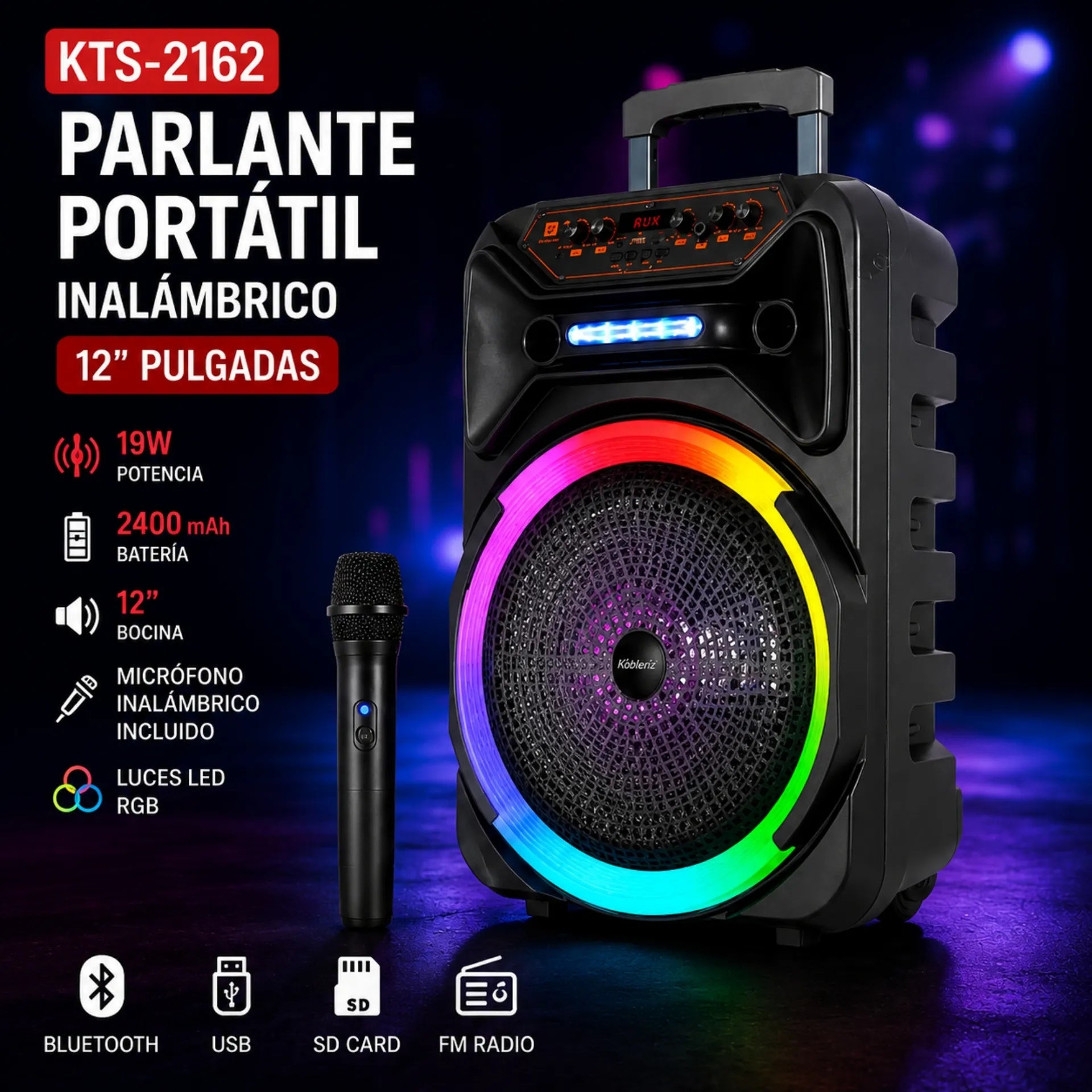 Parlante Bluetooth Portátil 12 Pulgadas Con Micrófono Y Luces RGB KTS-2162