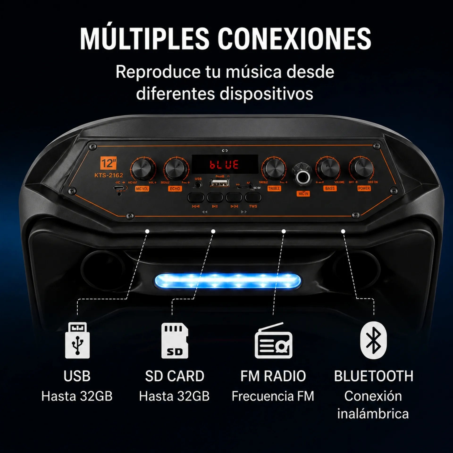Parlante Bluetooth Portátil 12 Pulgadas Con Micrófono Y Luces RGB KTS-2162