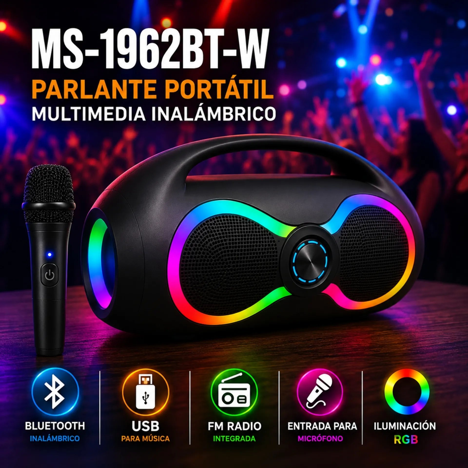 Parlante Bluetooth Portátil Doble 6.5 Pulgadas Con Micrófono Y Luces RGB MS-1962BT-W