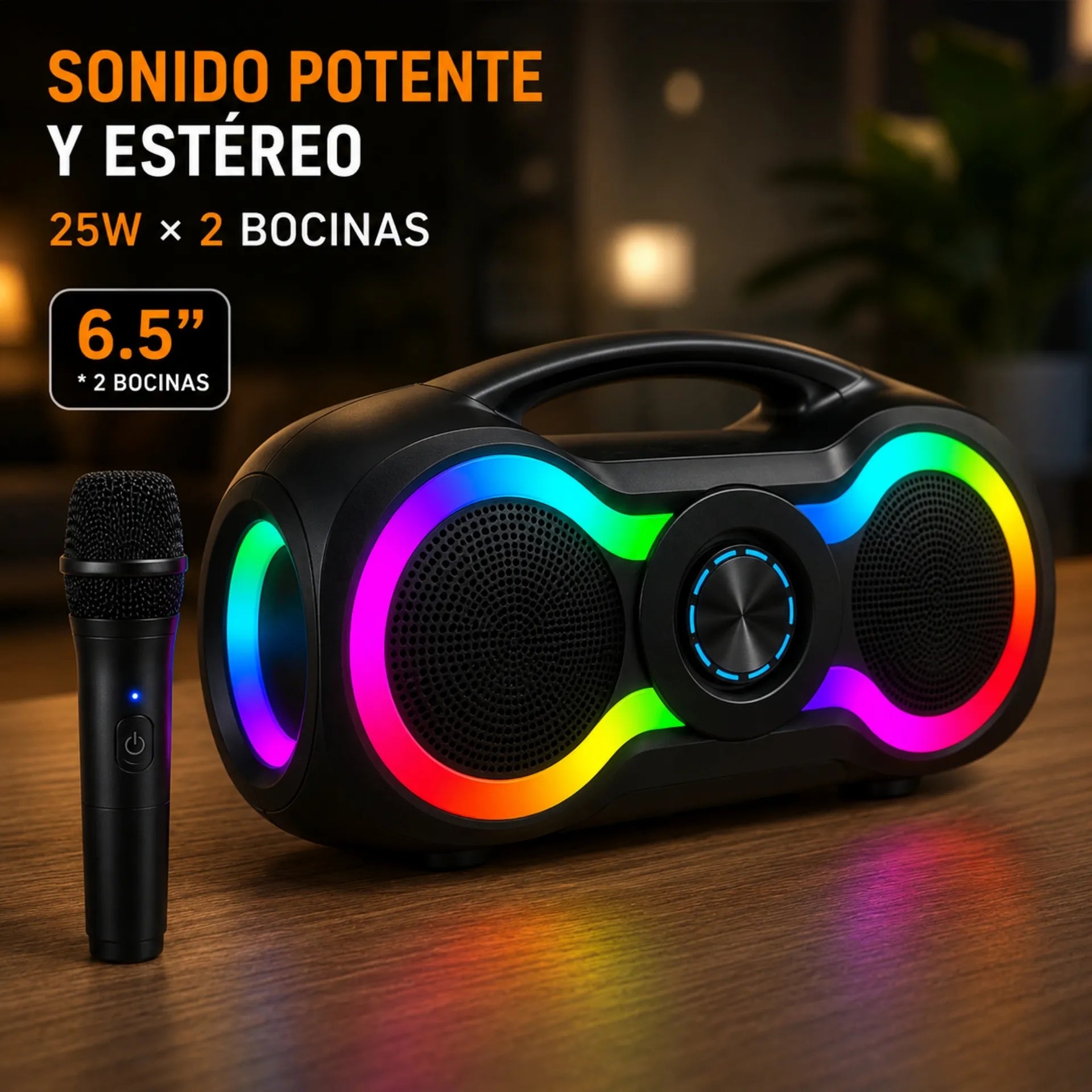 Parlante Bluetooth Portátil Doble 6.5 Pulgadas Con Micrófono Y Luces RGB MS-1962BT-W