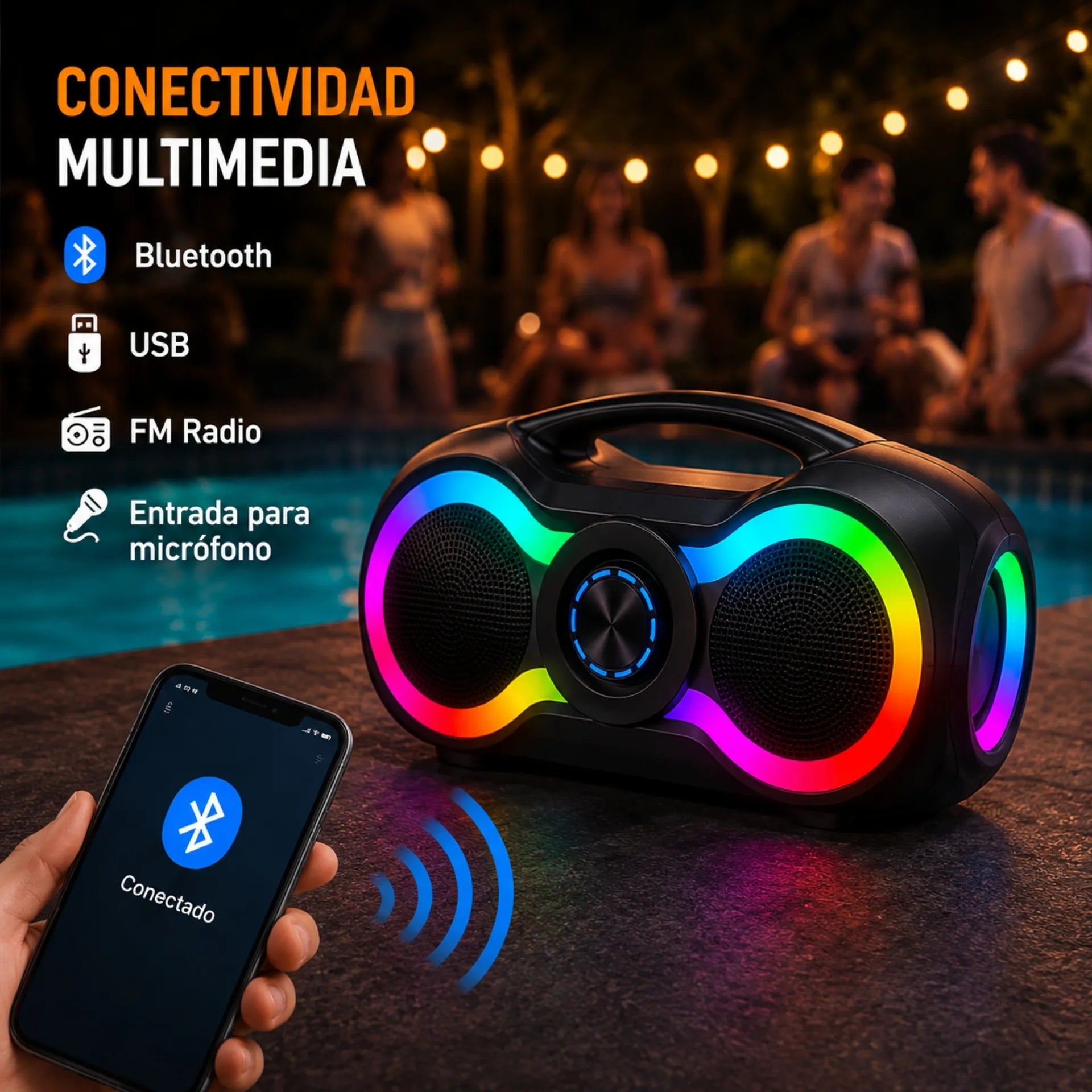 Parlante Bluetooth Portátil Doble 6.5 Pulgadas Con Micrófono Y Luces RGB MS-1962BT-W