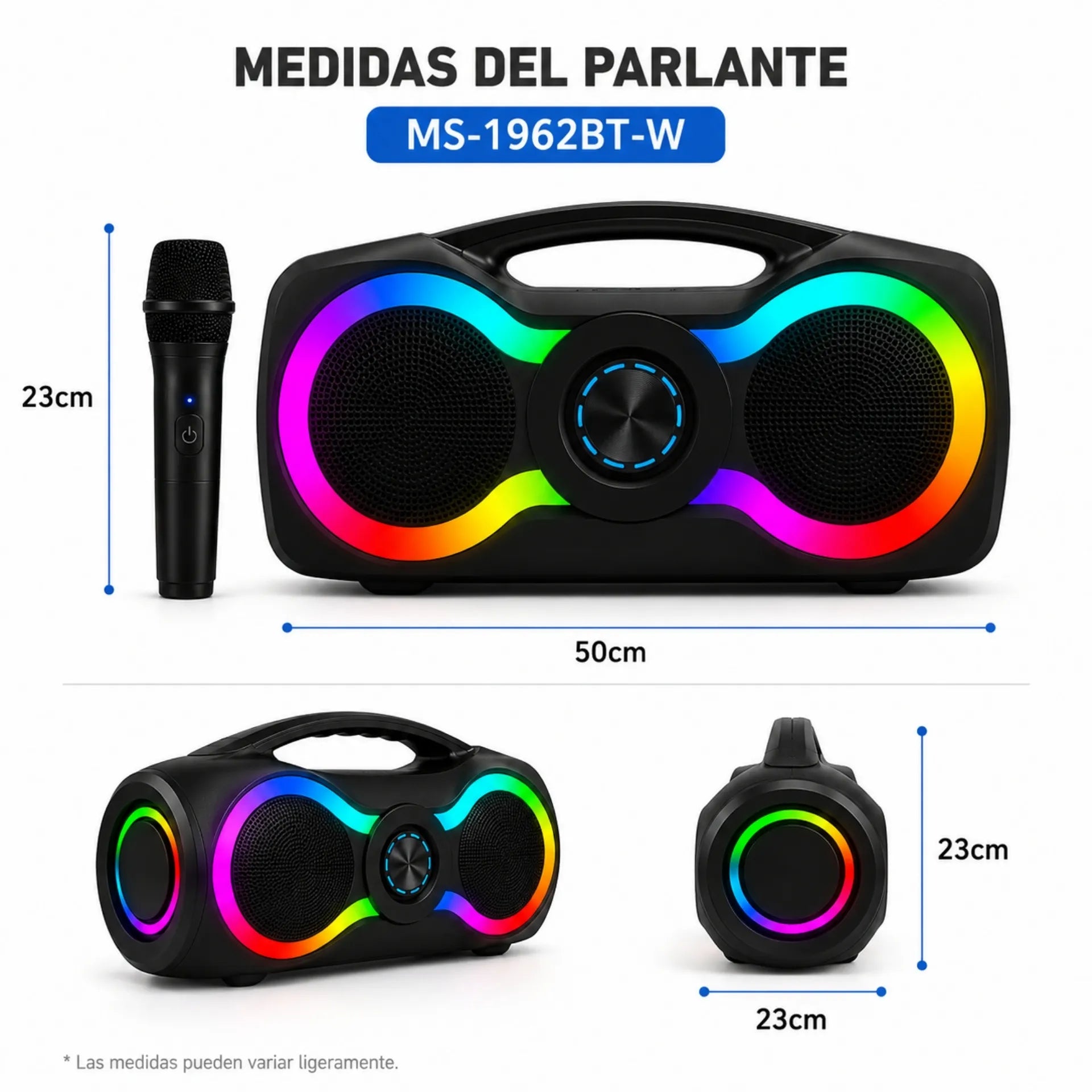 Parlante Bluetooth Portátil Doble 6.5 Pulgadas Con Micrófono Y Luces RGB MS-1962BT-W