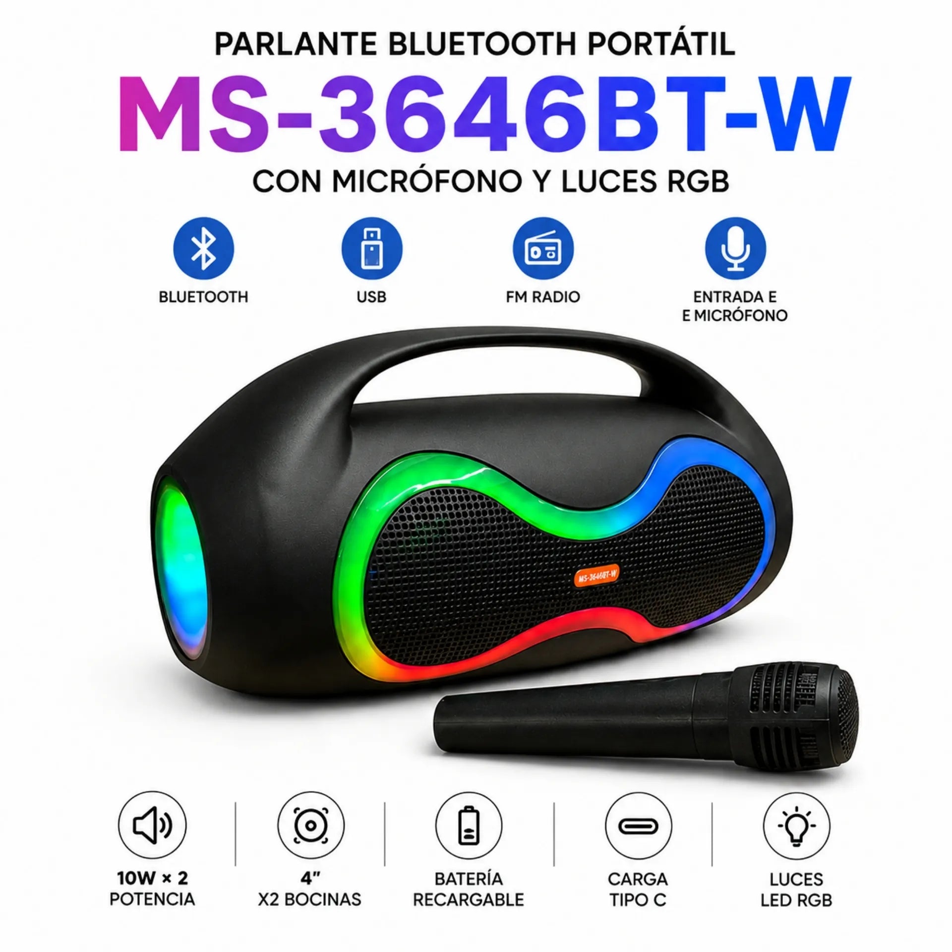 Parlante Bluetooth Portátil Doble 4 Pulgadas Con Micrófono Y Luces RGB MS-3646BT-W