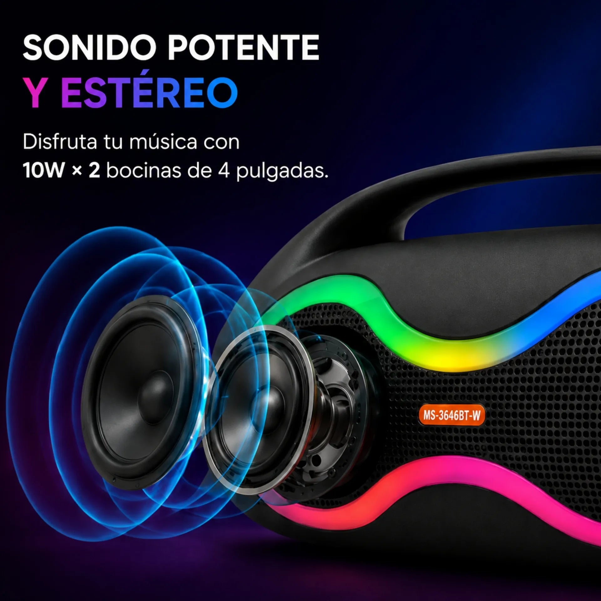 Parlante Bluetooth Portátil Doble 4 Pulgadas Con Micrófono Y Luces RGB MS-3646BT-W