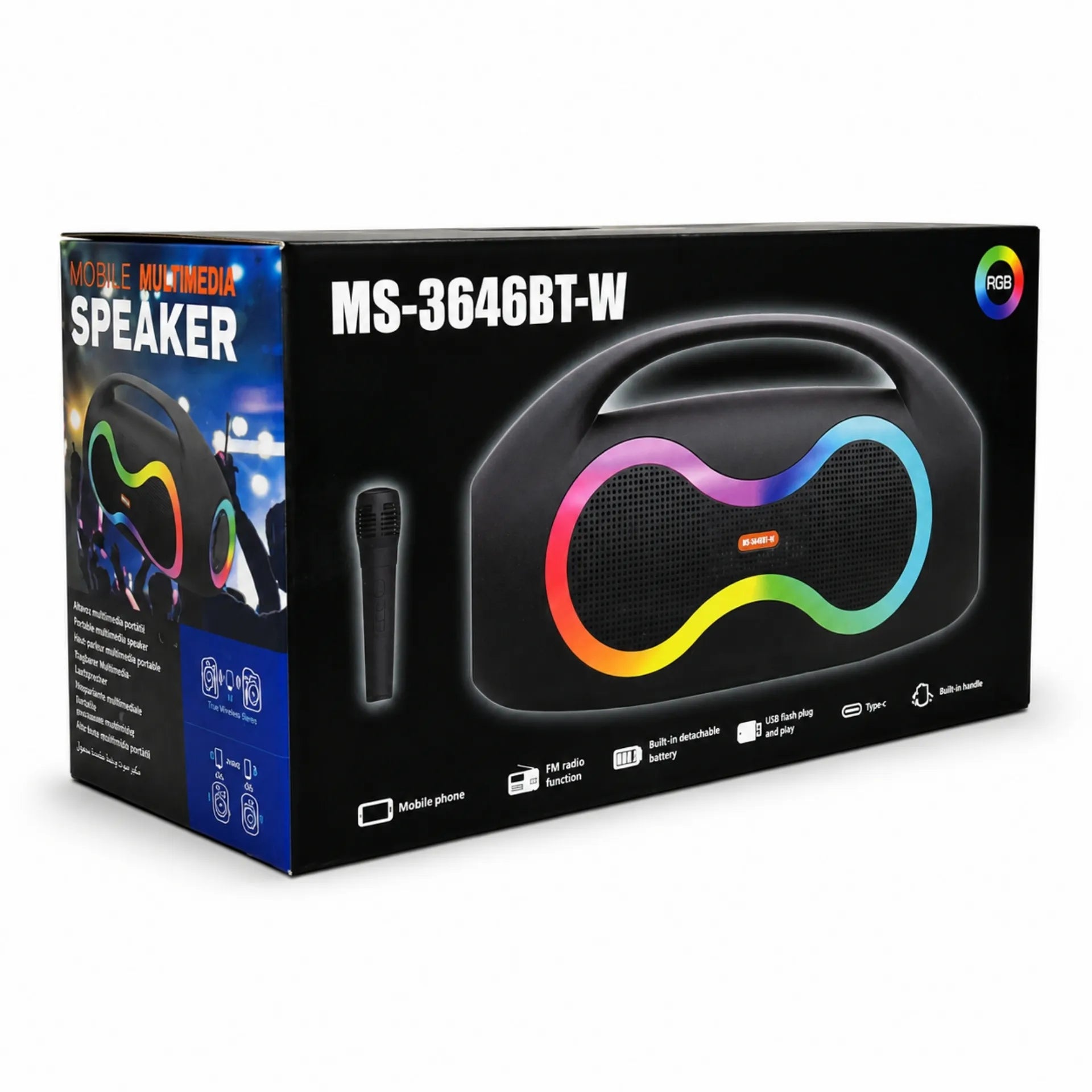Parlante Bluetooth Portátil Doble 4 Pulgadas Con Micrófono Y Luces RGB MS-3646BT-W