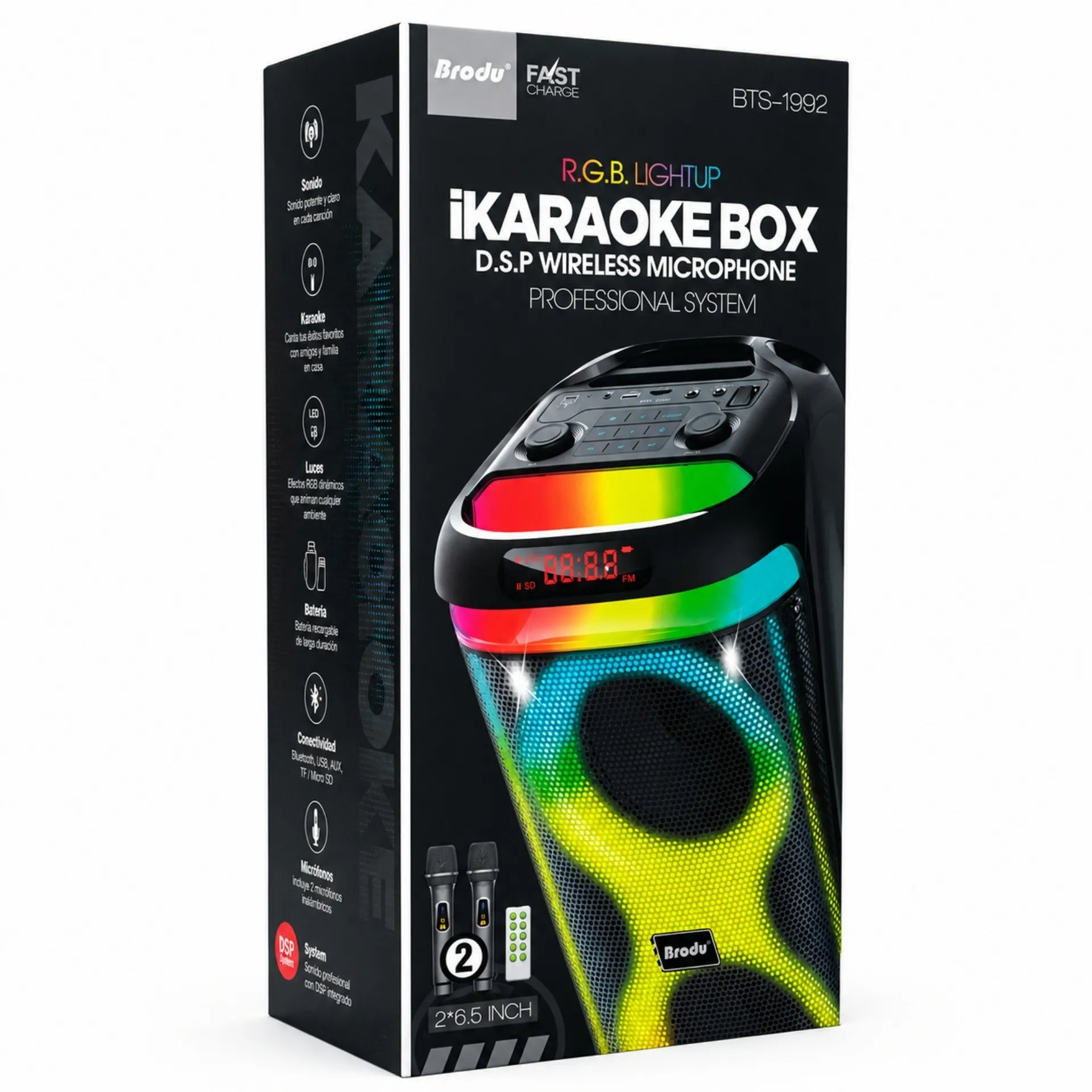 Parlante Karaoke Bluetooth Doble Bocina 6.5 Pulgadas Con Luces RGB Brodu BTS-1992